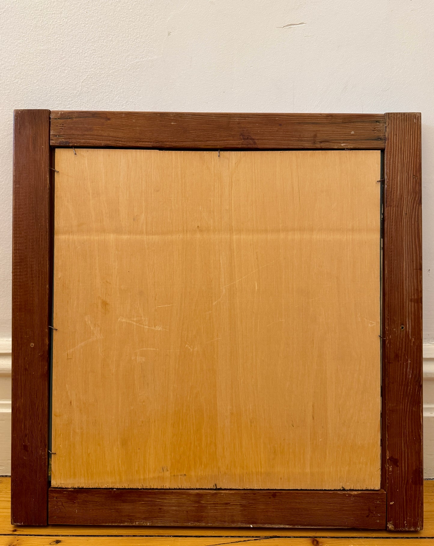 Chunky Vintage Wooden Mirror with Checked Stain Pattern — 1960s/70s