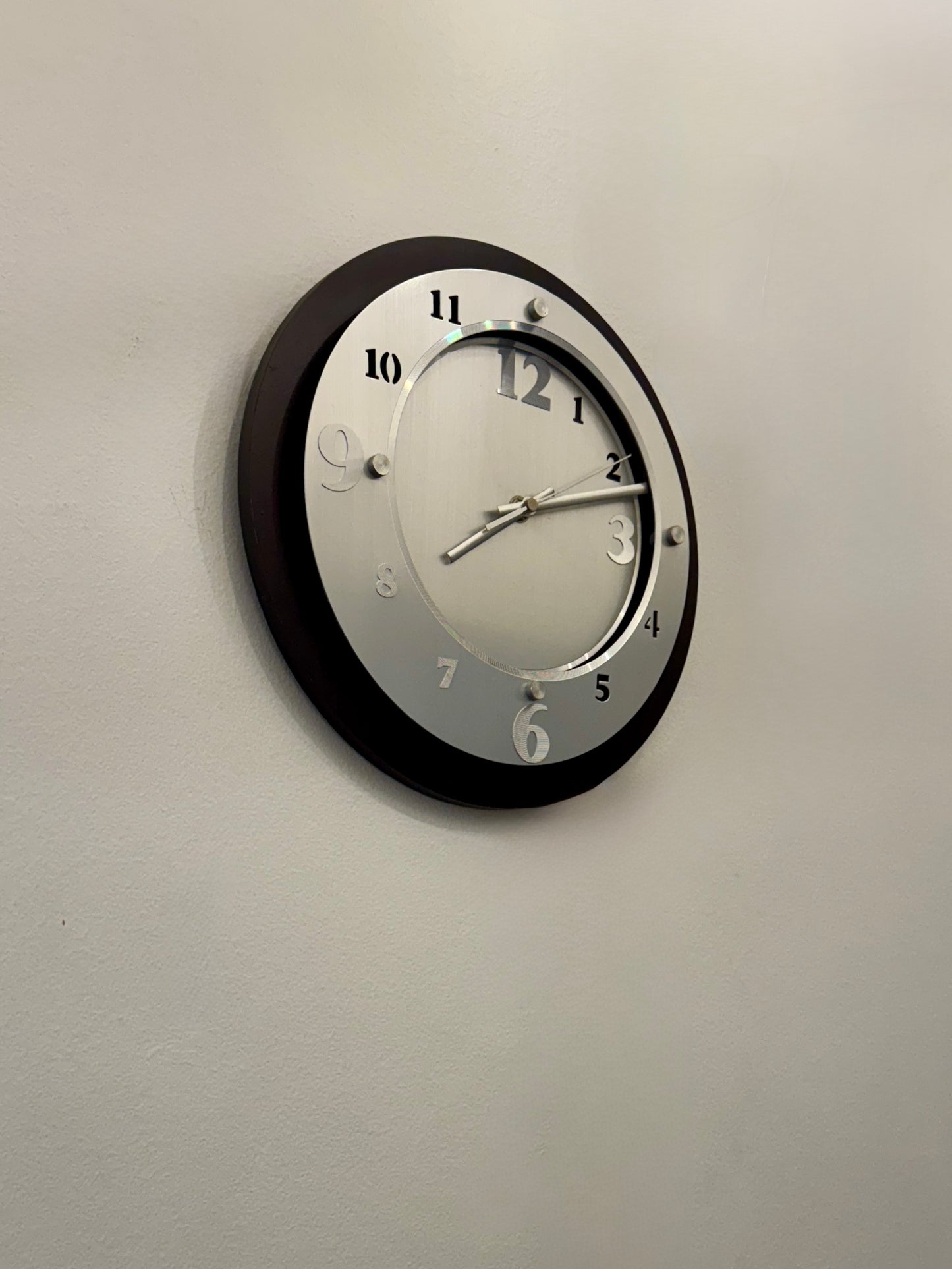 Vintage Y2K Brushed Silver & Wood Wall Clock