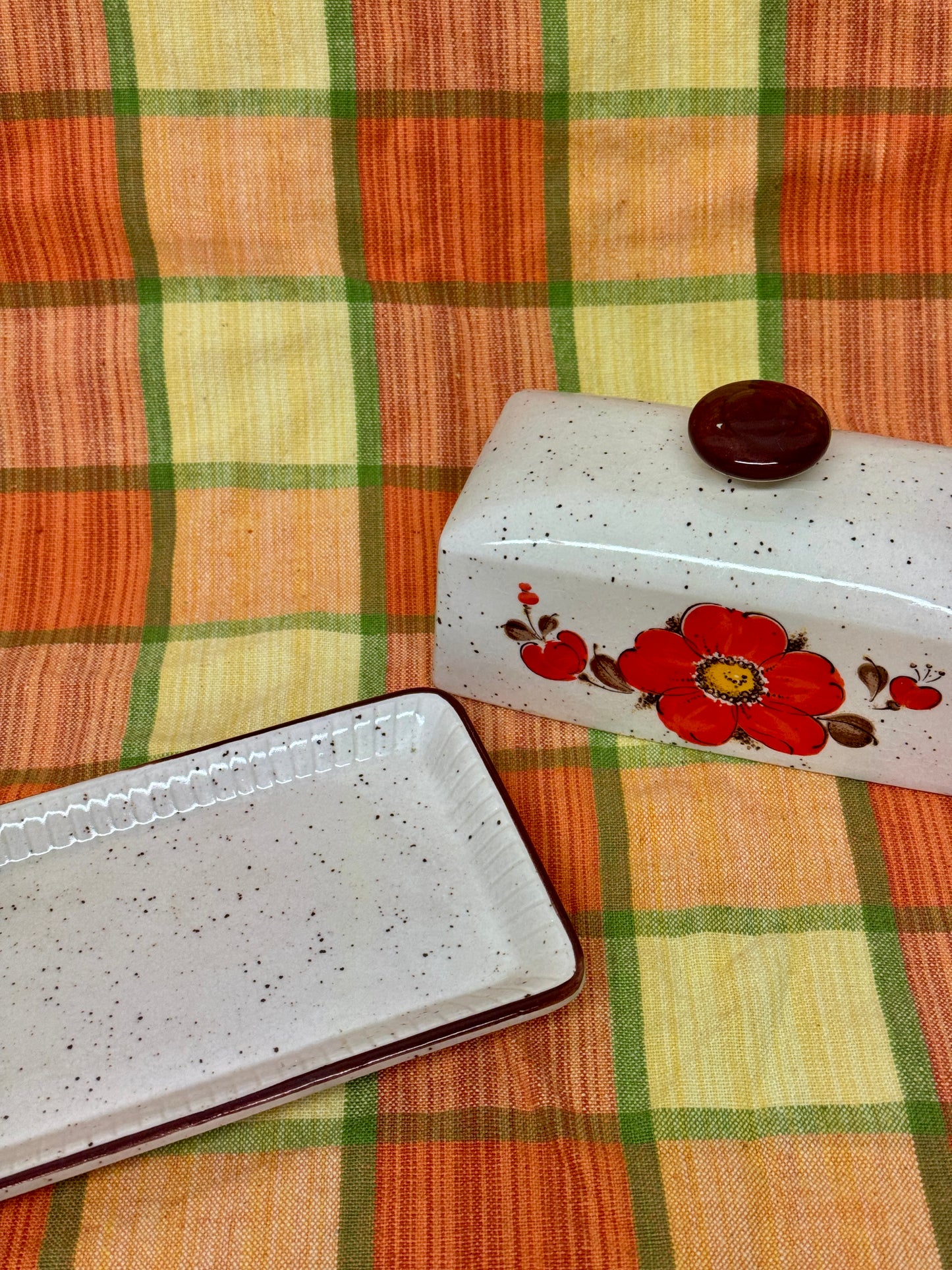 Vintage Speckled Ceramic Butter Dish with Red Poppy Motif