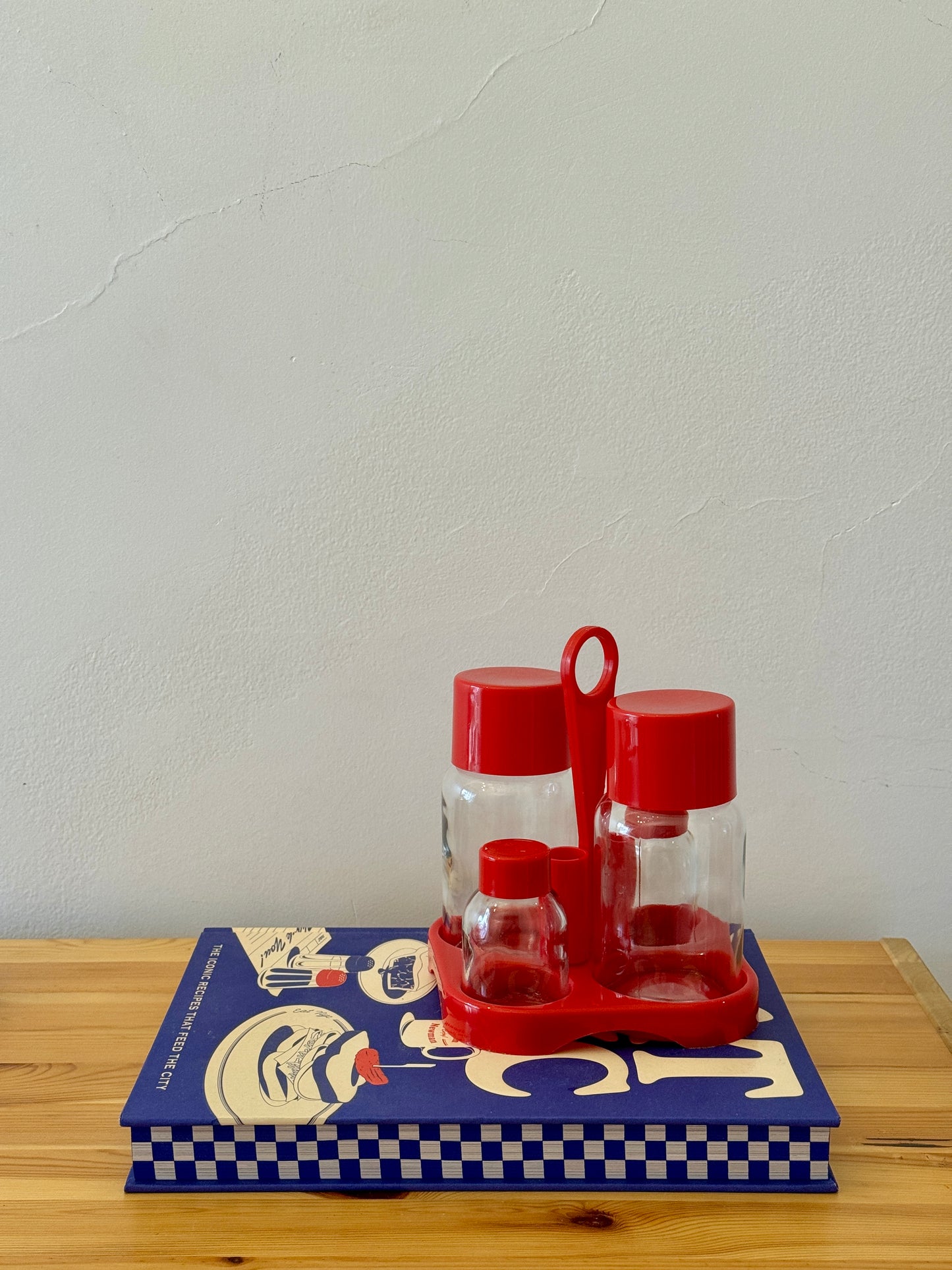 Vintage Red Plastic Condiment Set – Salt, Pepper & Oil Cruets