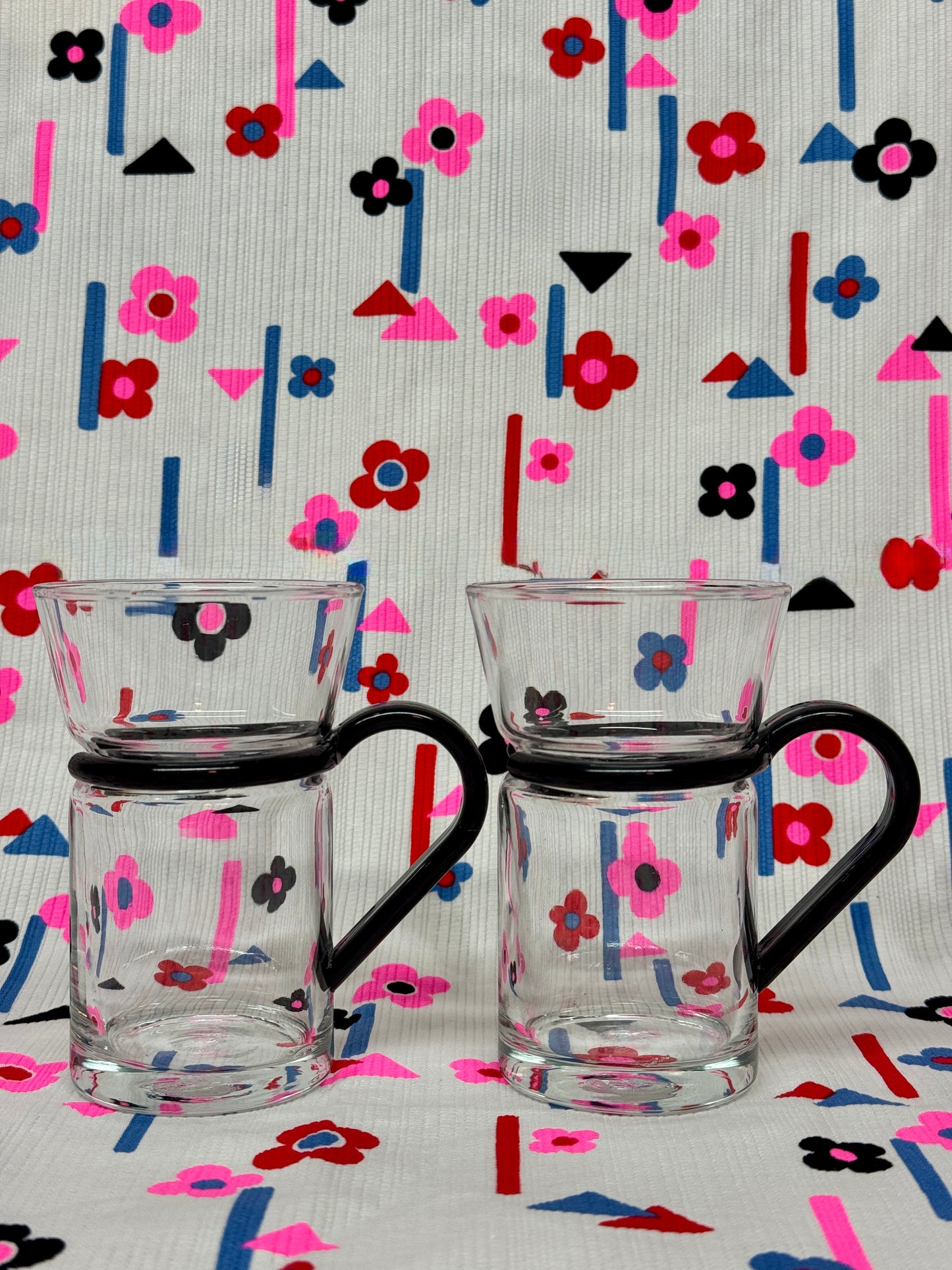 Ocean Glass Stacking Mugs Set of 2 Modernist Black Handle Design