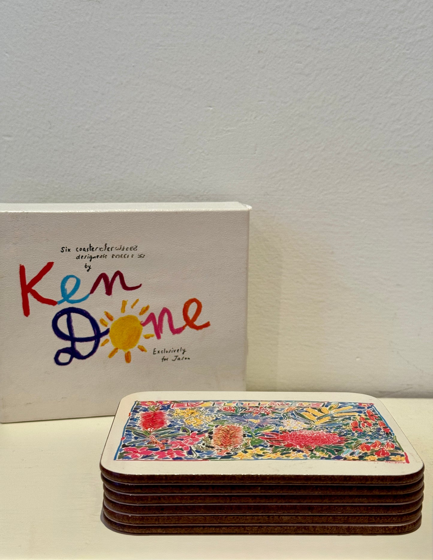 1980s Vintage Ken Done “Wildflowers” Coaster Set – 6 Piece – Designed for Jason Products – Australian Native Flora Art