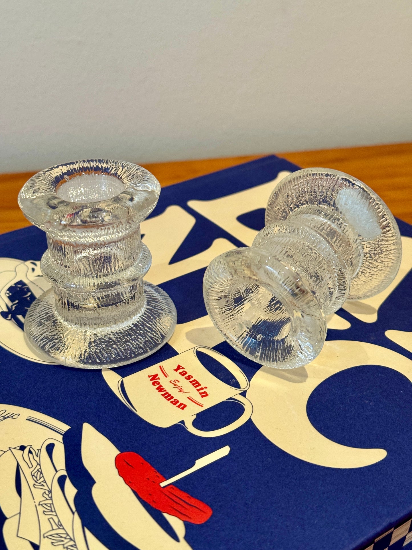 Vintage 1970s Pukeberg Sweden Textured Glass Candle Holders Set of 2 Staffan Gellerstedt Design