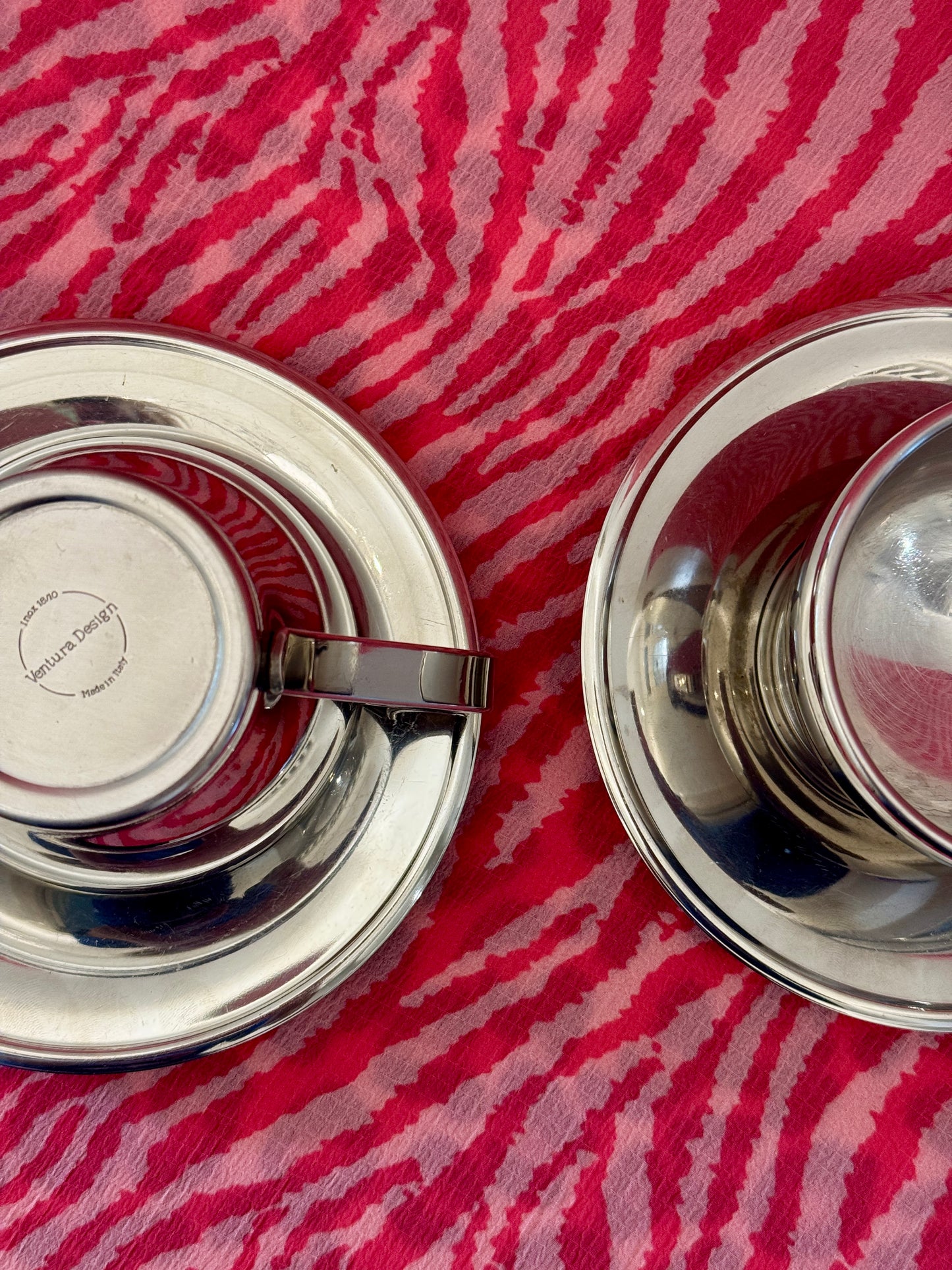 Ventura Design stainless steel cups and matching saucers