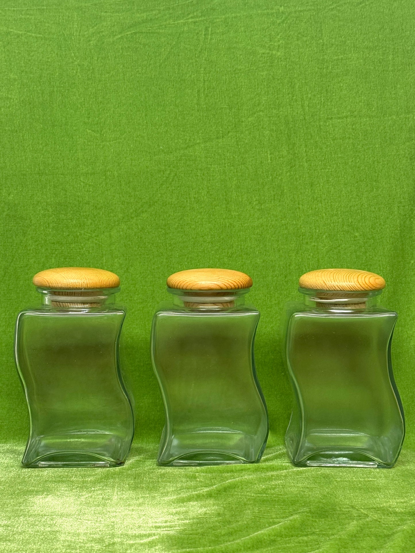 Vintage Curvy Glass Storage Jars with Wooden Rack