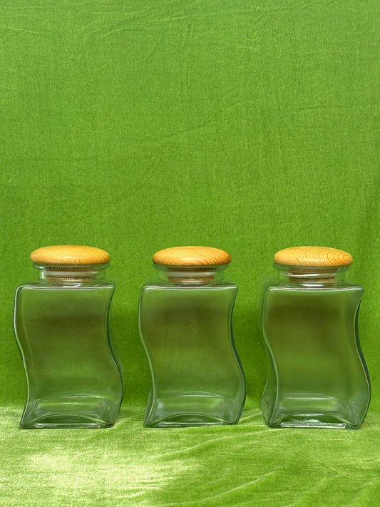 Vintage Curvy Glass Storage Jars with Wooden Rack
