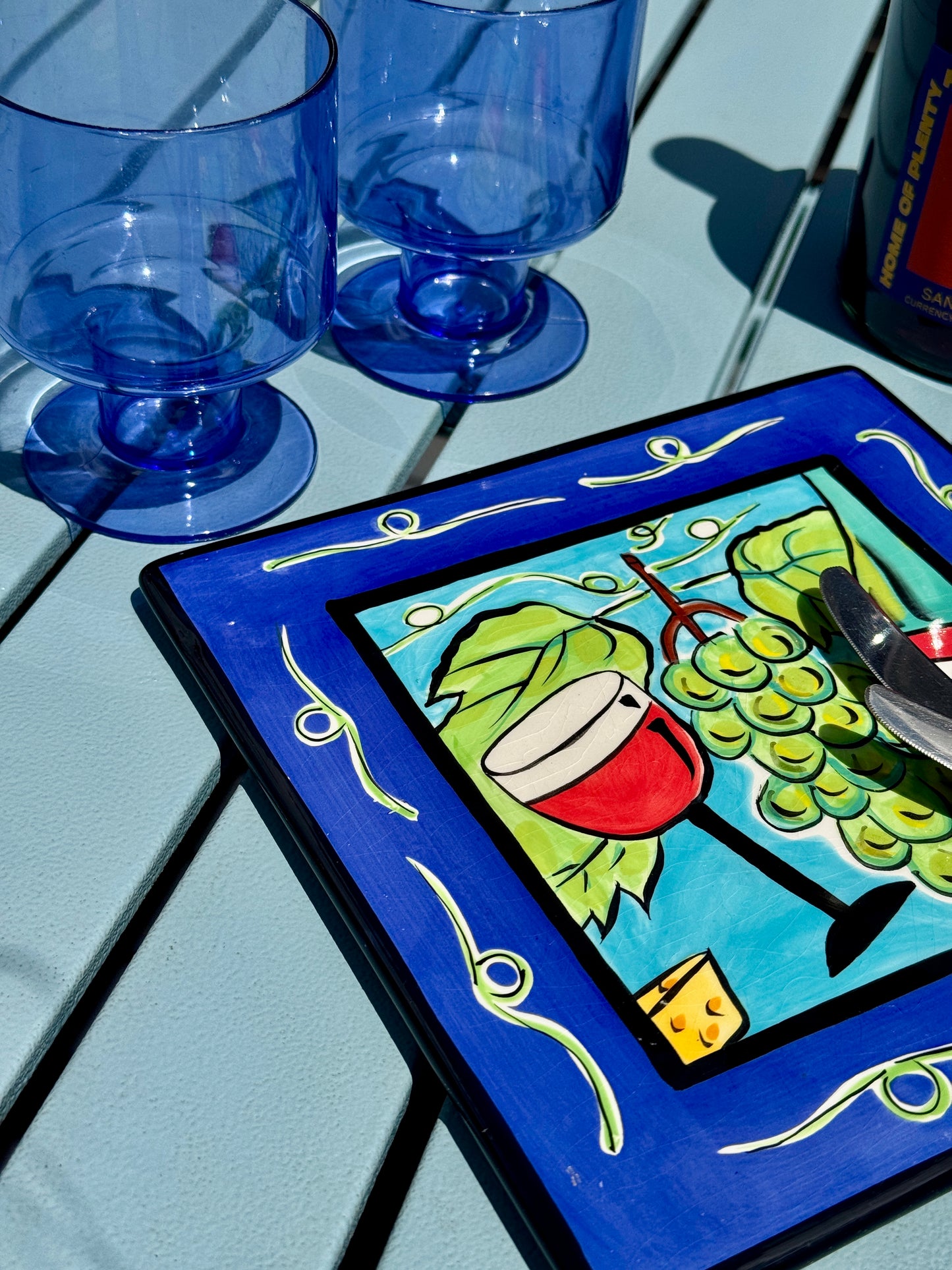 Vintage Hand-Painted Ceramic Cheese Plate with Tumblers and Knives
