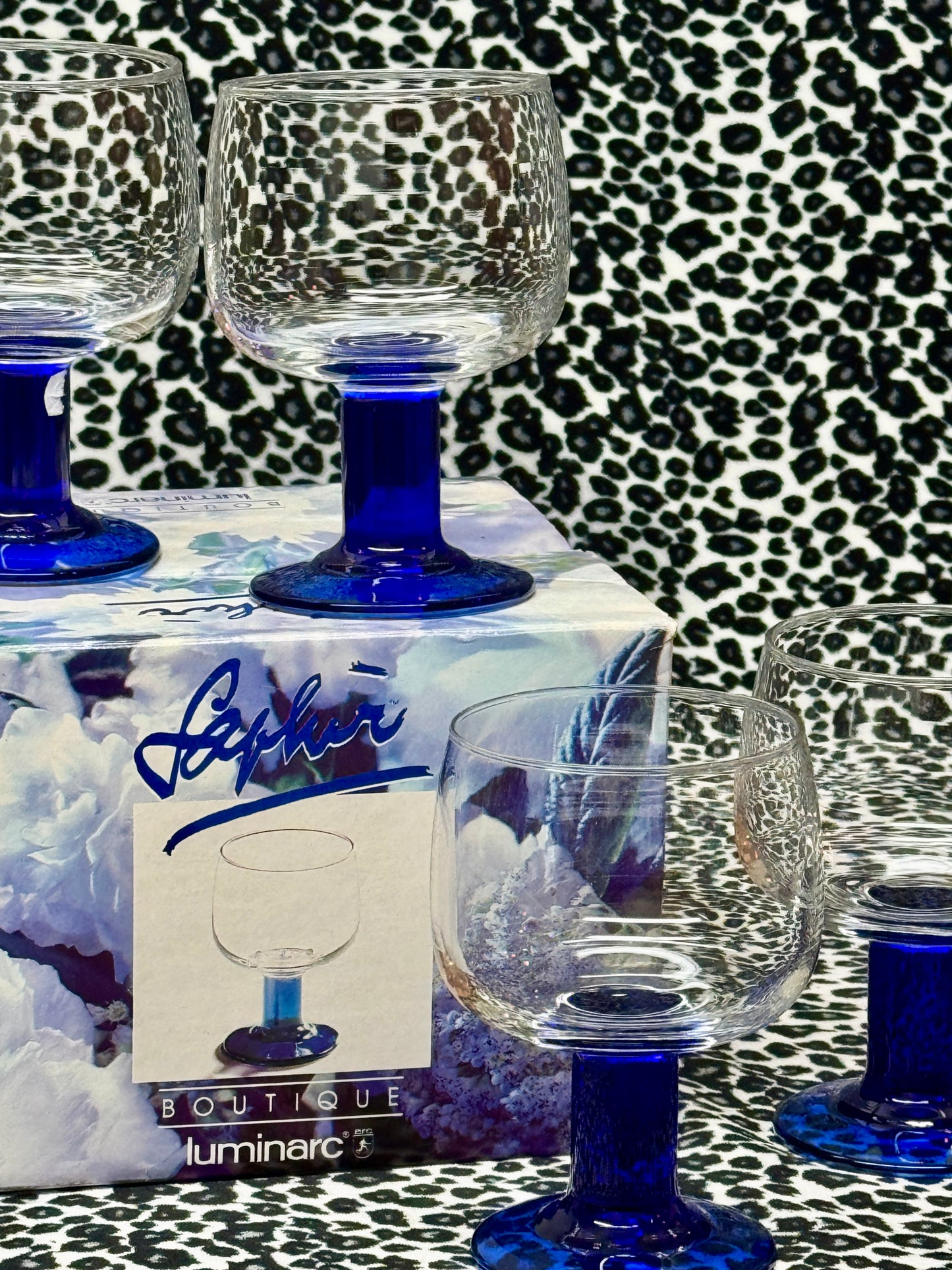 4 x Vintage Saphir Boutique by Luminarc Coupe Glasses – Blue Stems, Original Box