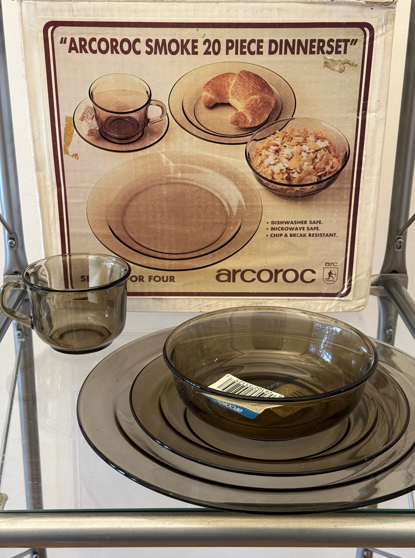 Vintage ARCOROC Smokey Brown 20-Piece Dinner Set – Unused in Original Box | Made in France