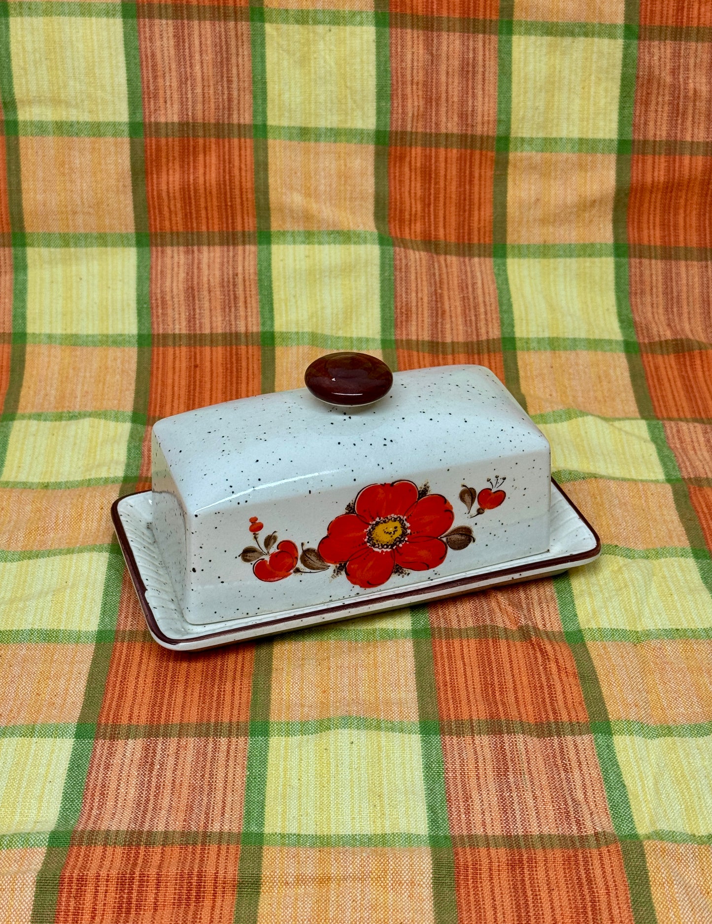 Vintage Speckled Ceramic Butter Dish with Red Poppy Motif