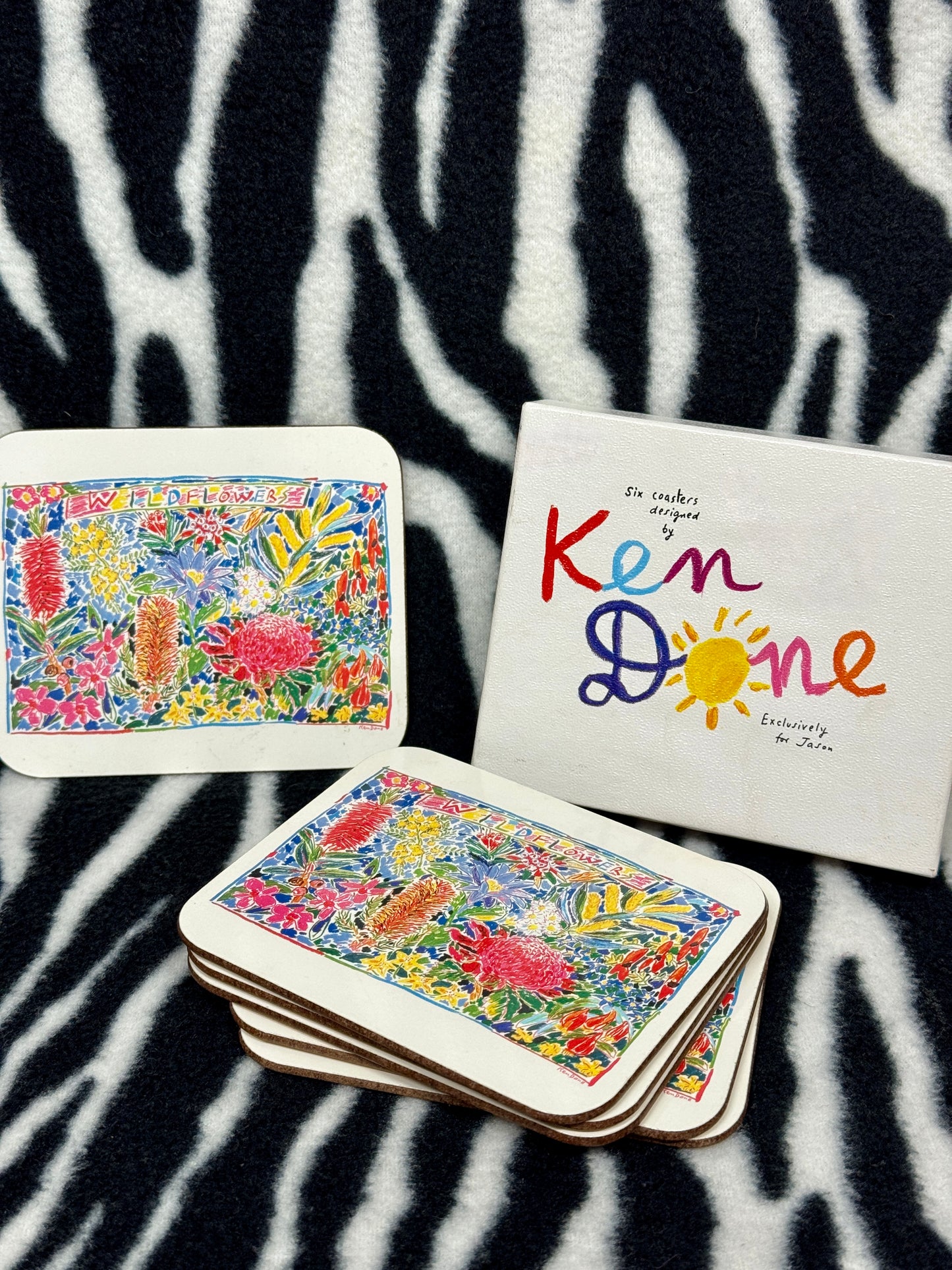 1980s Vintage Ken Done “Wildflowers” Coaster Set – 6 Piece – Designed for Jason Products – Australian Native Flora Art