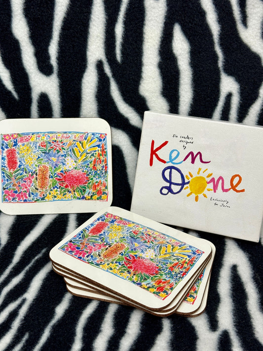 1980s Vintage Ken Done “Wildflowers” Coaster Set – 6 Piece – Designed for Jason Products – Australian Native Flora Art