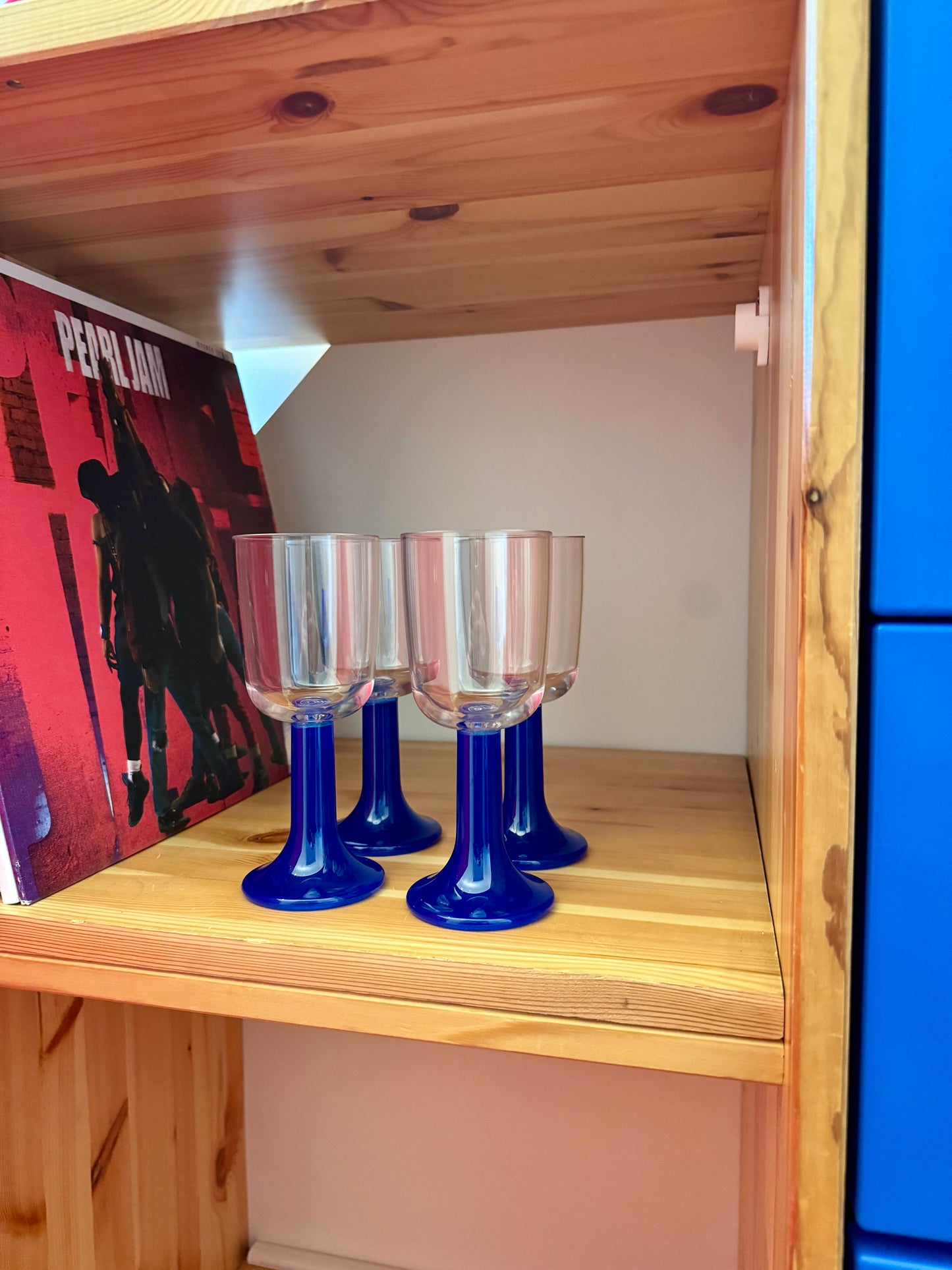 Set of 4 Vintage Blue Stem Plastic Wine Glasses