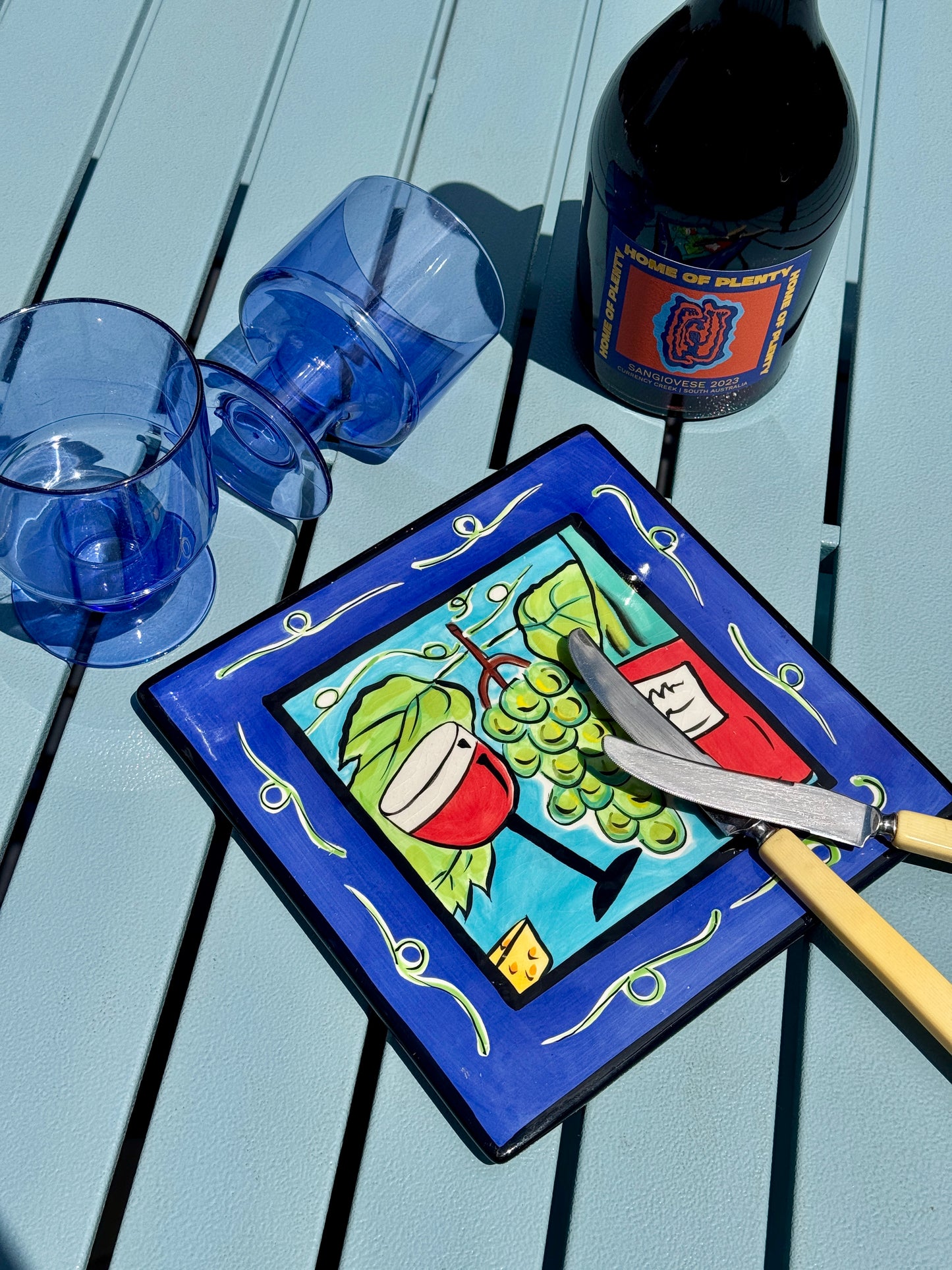Vintage Hand-Painted Ceramic Cheese Plate with Tumblers and Knives