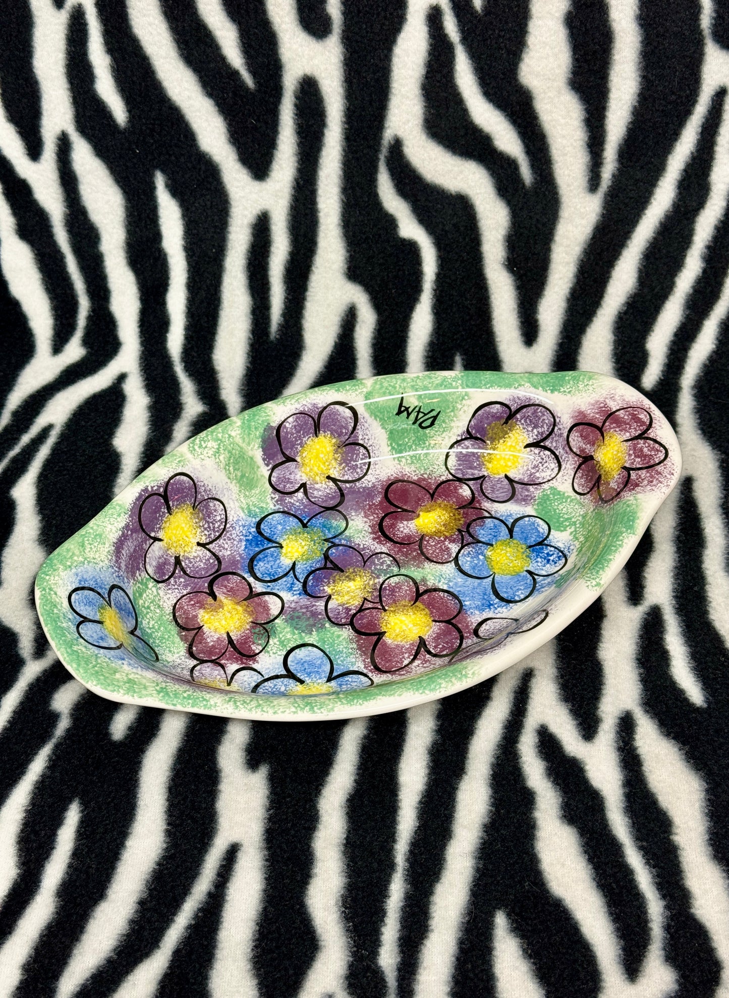 Vintage Hand-Painted Ceramic Plates Signed “PAM” Bold Floral Design Set of 2