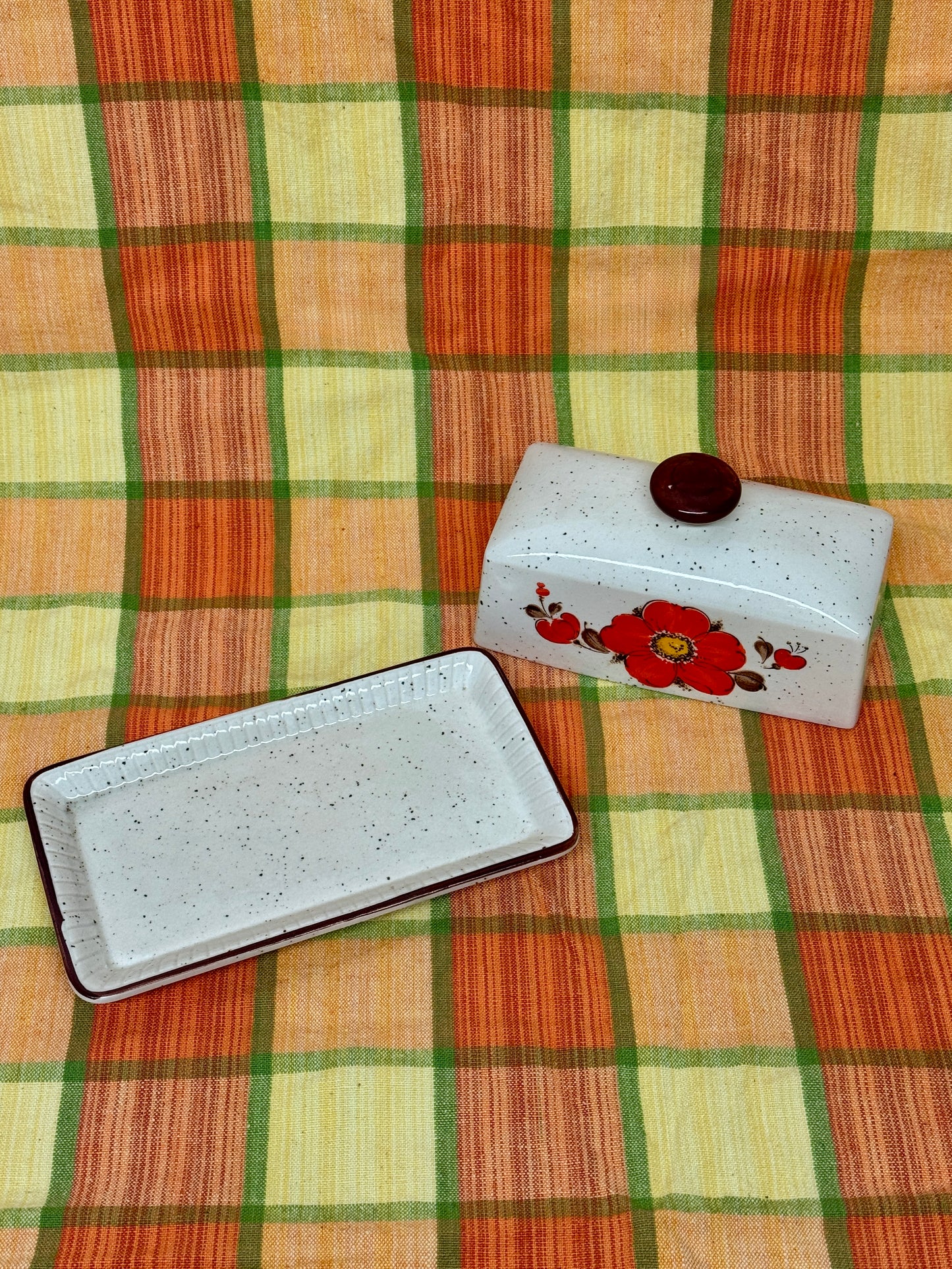 Vintage Speckled Ceramic Butter Dish with Red Poppy Motif