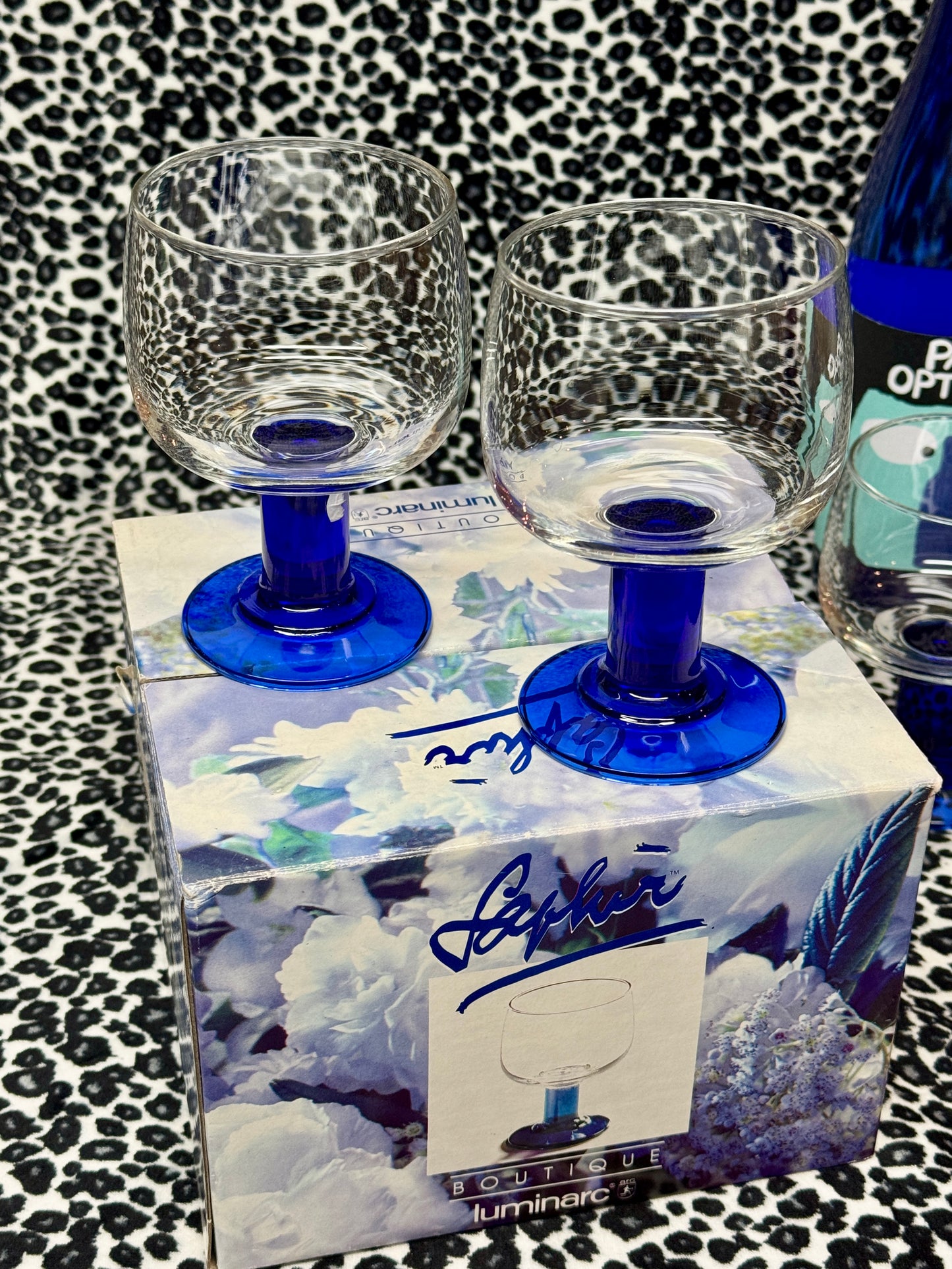 4 x Vintage Saphir Boutique by Luminarc Coupe Glasses – Blue Stems, Original Box