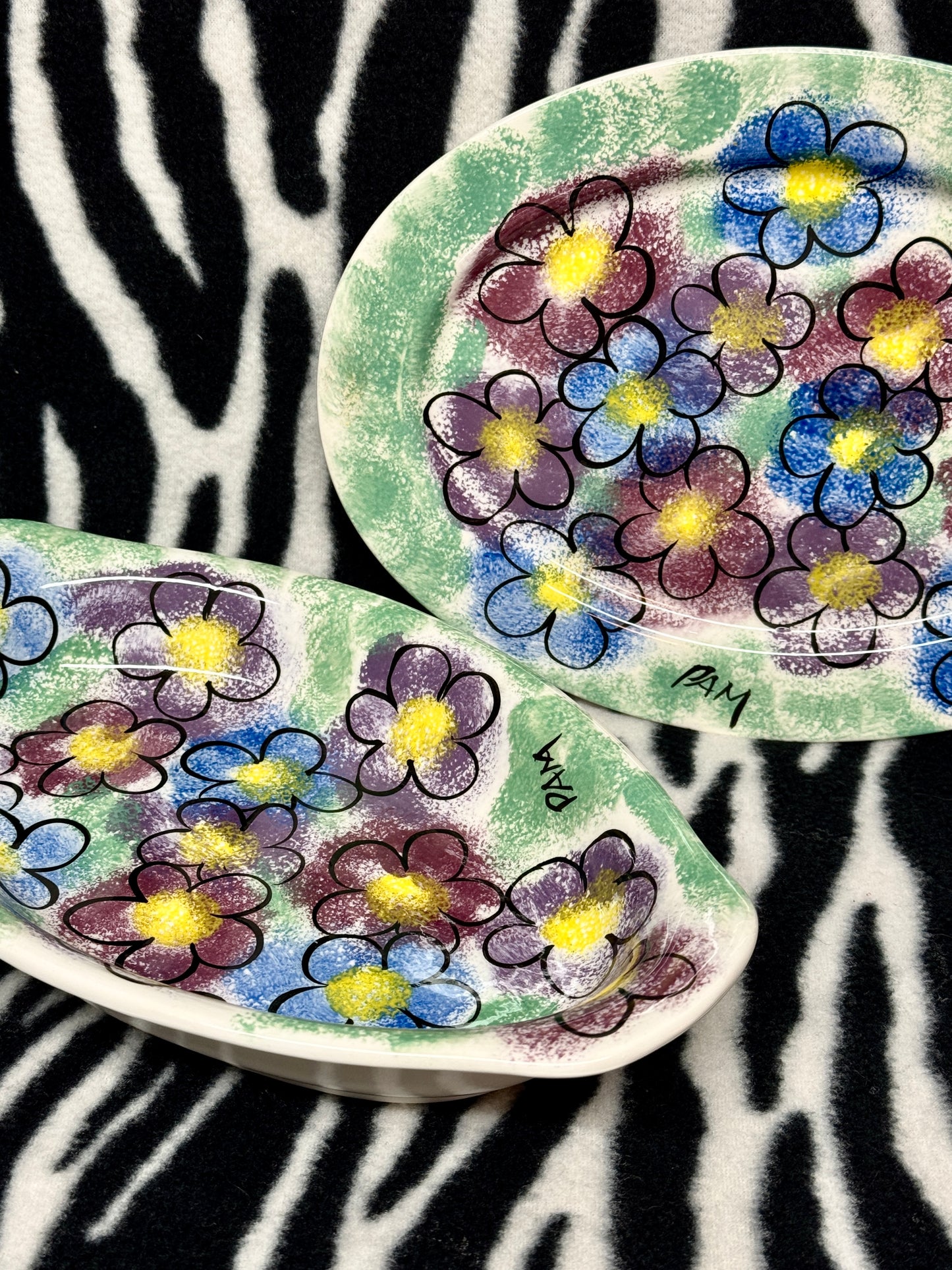 Vintage Hand-Painted Ceramic Plates Signed “PAM” Bold Floral Design Set of 2