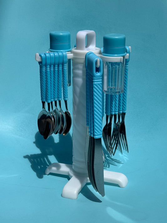 Vintage Pastel Blue Cutlery Set on Rotating Stand