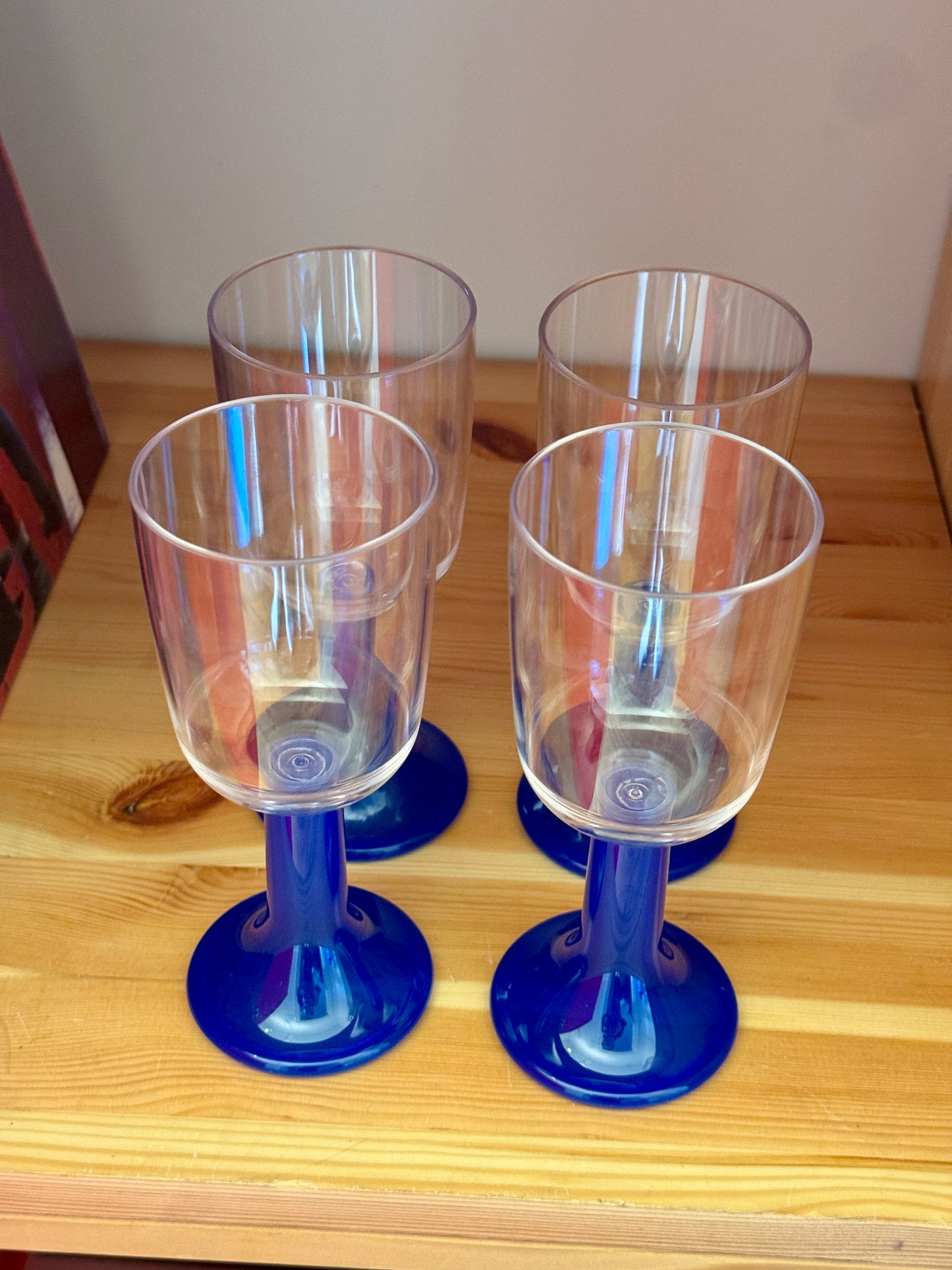 Set of 4 Vintage Blue Stem Plastic Wine Glasses