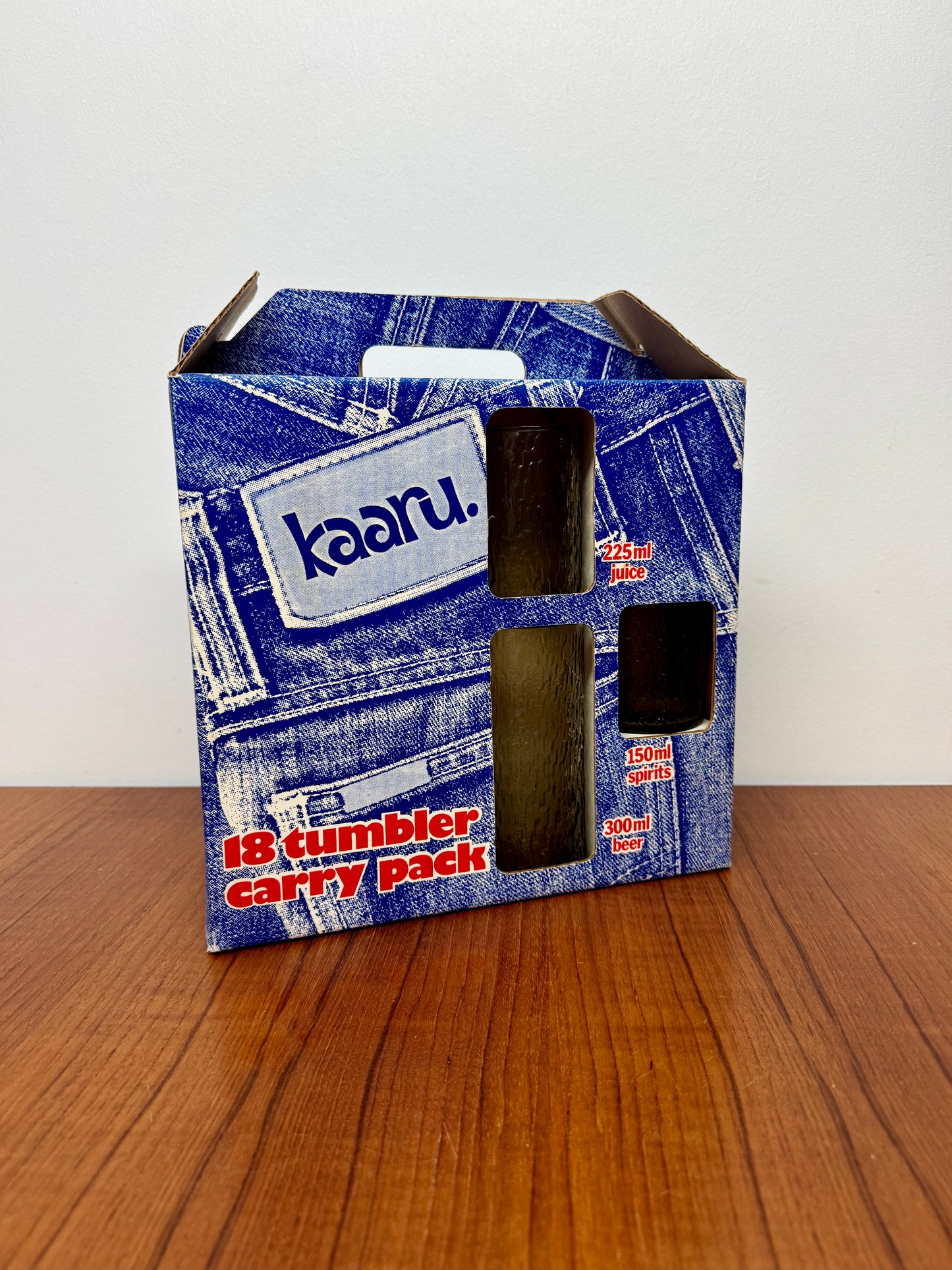 Vintage 1970s–80s Kaaru 18pc smokey textured glass tumbler carry pack | NZ-Made with Original Denim Box