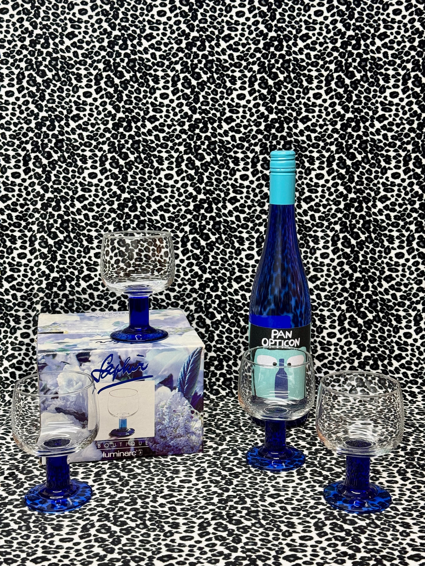 4 x Vintage Saphir Boutique by Luminarc Coupe Glasses – Blue Stems, Original Box