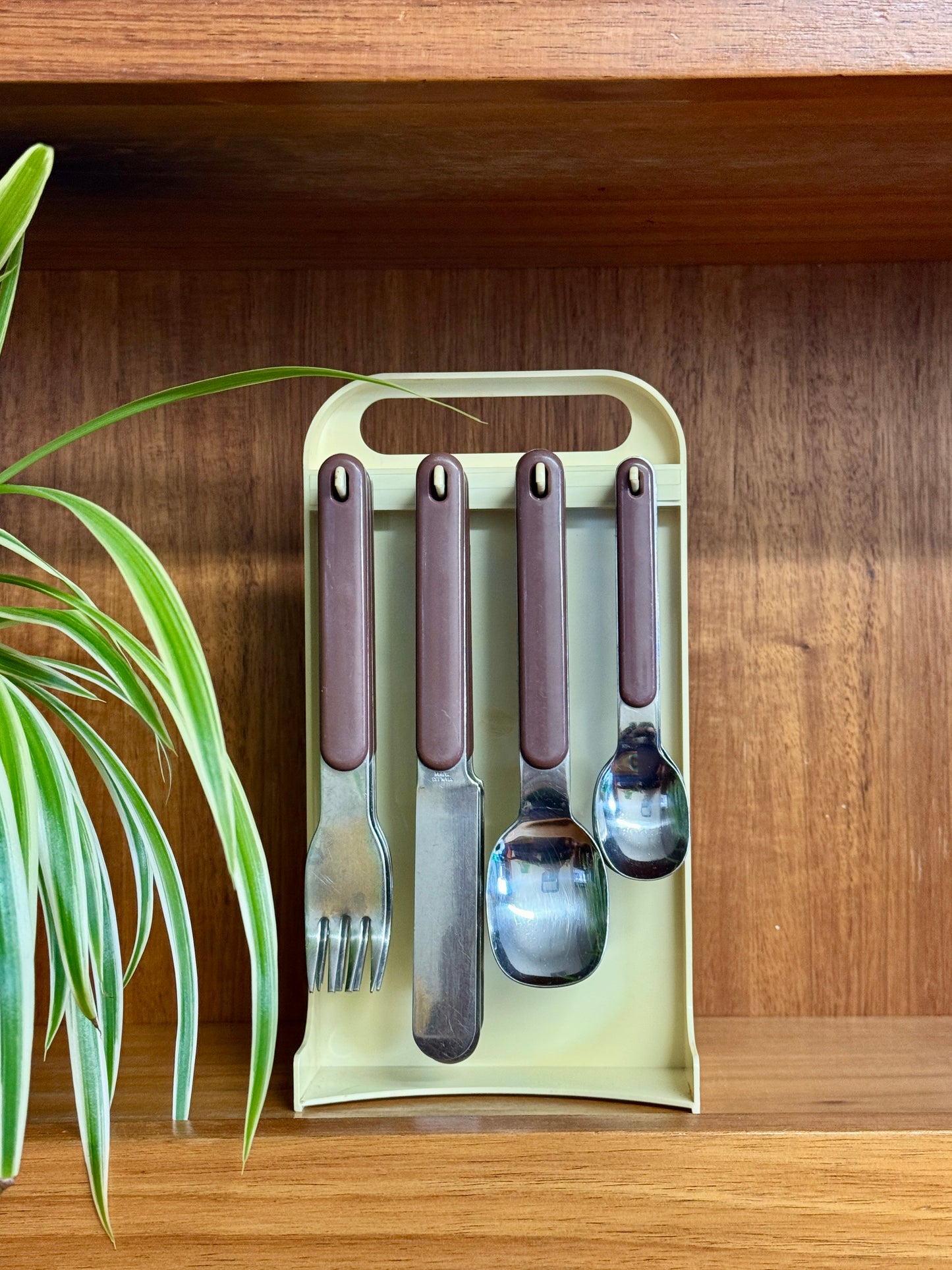 Vintage 70s Brown Cutlery Set with Plastic Caddy