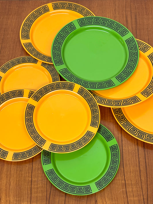 Vintage British Plastics Plate Set – 8pc Greek Key Design | Mustard & Green