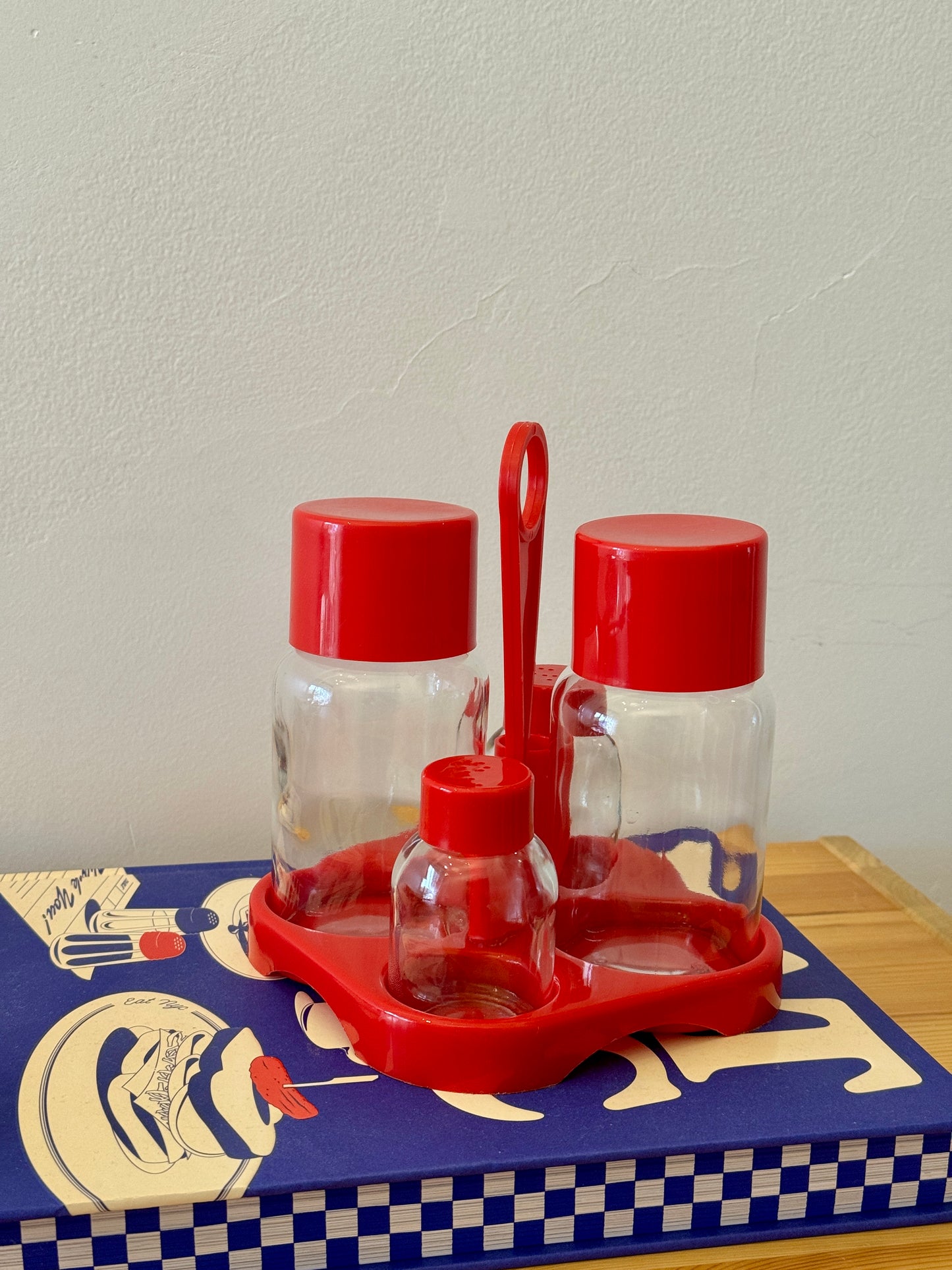Vintage Red Plastic Condiment Set – Salt, Pepper & Oil Cruets