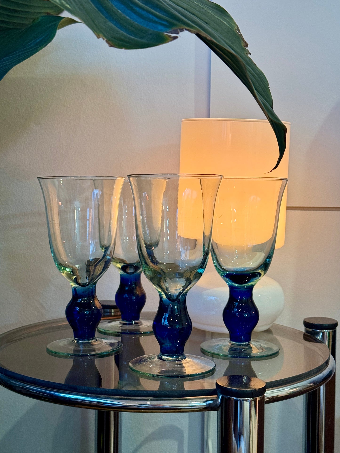 Set of 4 Vintage Wine Glasses – Blue Base, Sculptural Stem