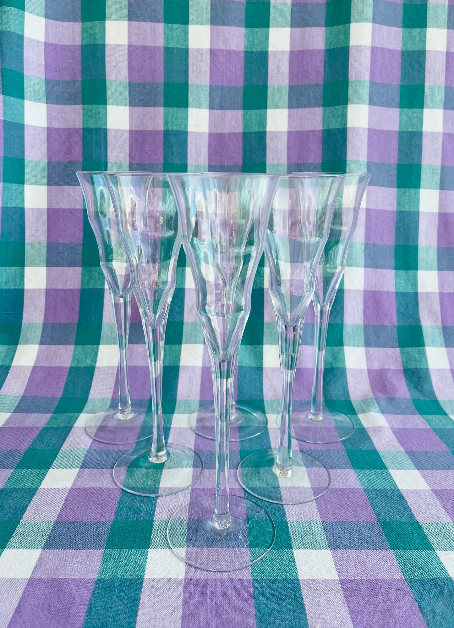 Set of 6 Vintage Wavy Champagne Flutes – Sculptural Clear Glass Toasting Glasses