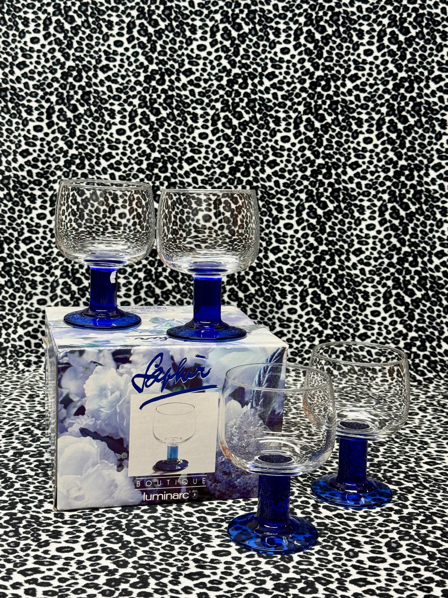 4 x Vintage Saphir Boutique by Luminarc Coupe Glasses – Blue Stems, Original Box