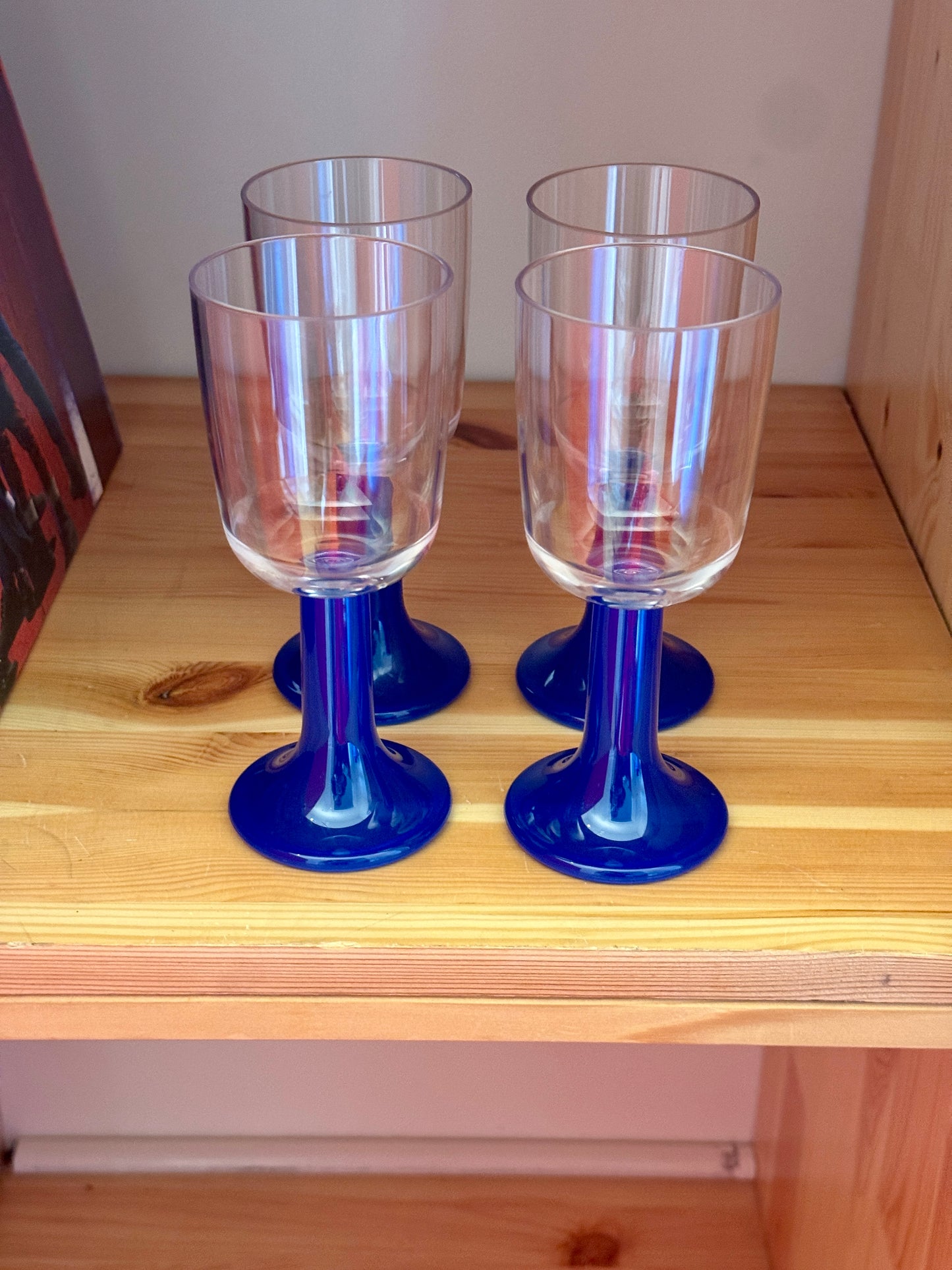 Set of 4 Vintage Blue Stem Plastic Wine Glasses