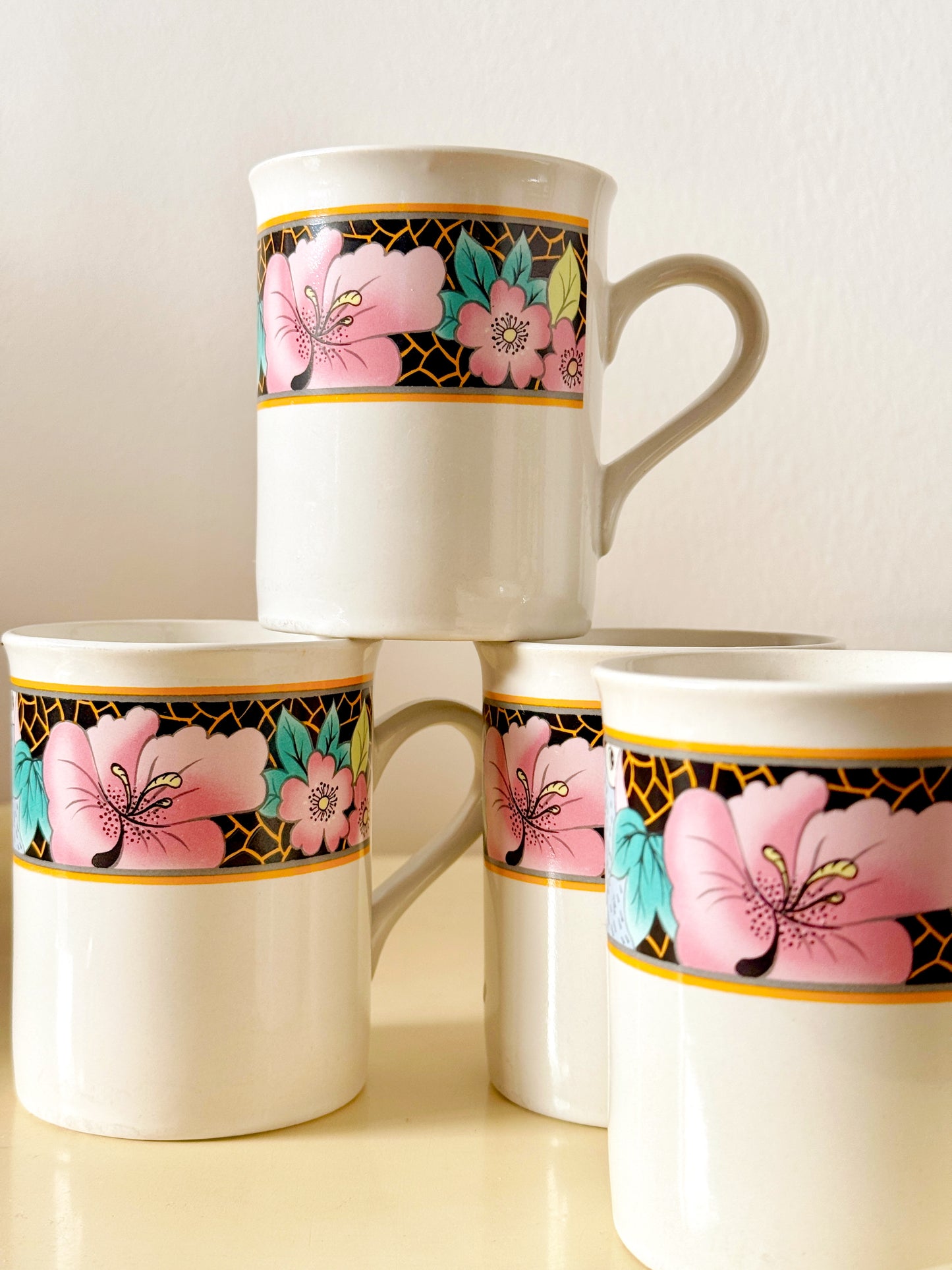 Vintage 1980s Symphony Japan Floral Mugs – Set of 4