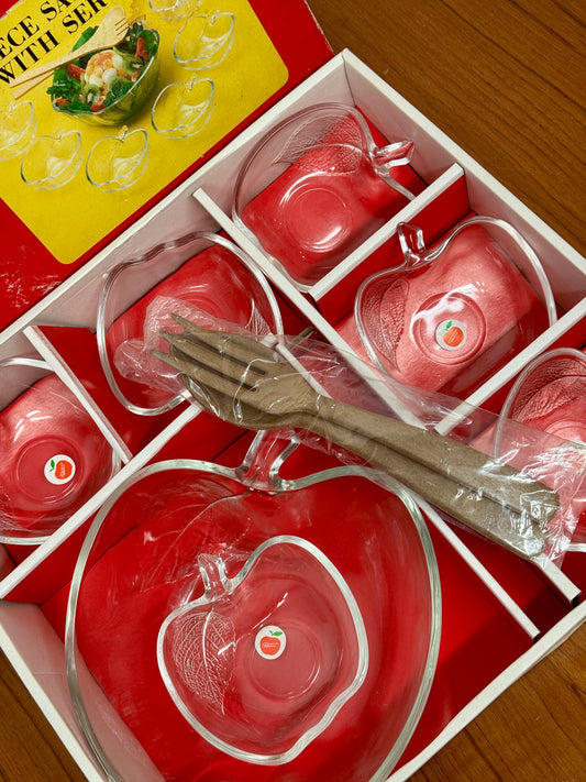 Vintage SOGA Japan Apple-Shaped 7 Piece Salad Set with Servers – Leaf Embossed Bowls