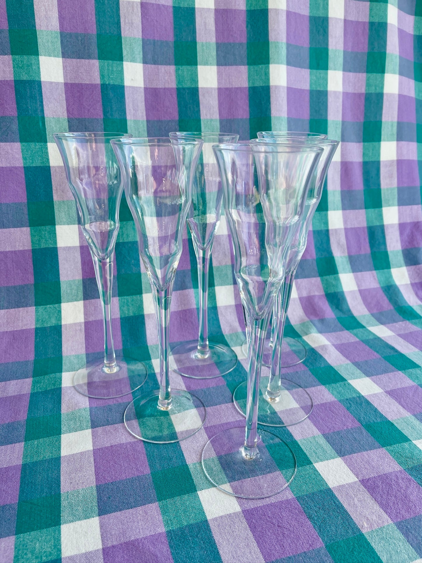 Set of 6 Vintage Wavy Champagne Flutes – Sculptural Clear Glass Toasting Glasses