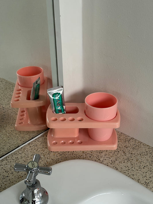 Vintage 90's Peach Corail Pedestal Toothbrush Holder And Beaker Set Crayonne Colour Co-Ordinates