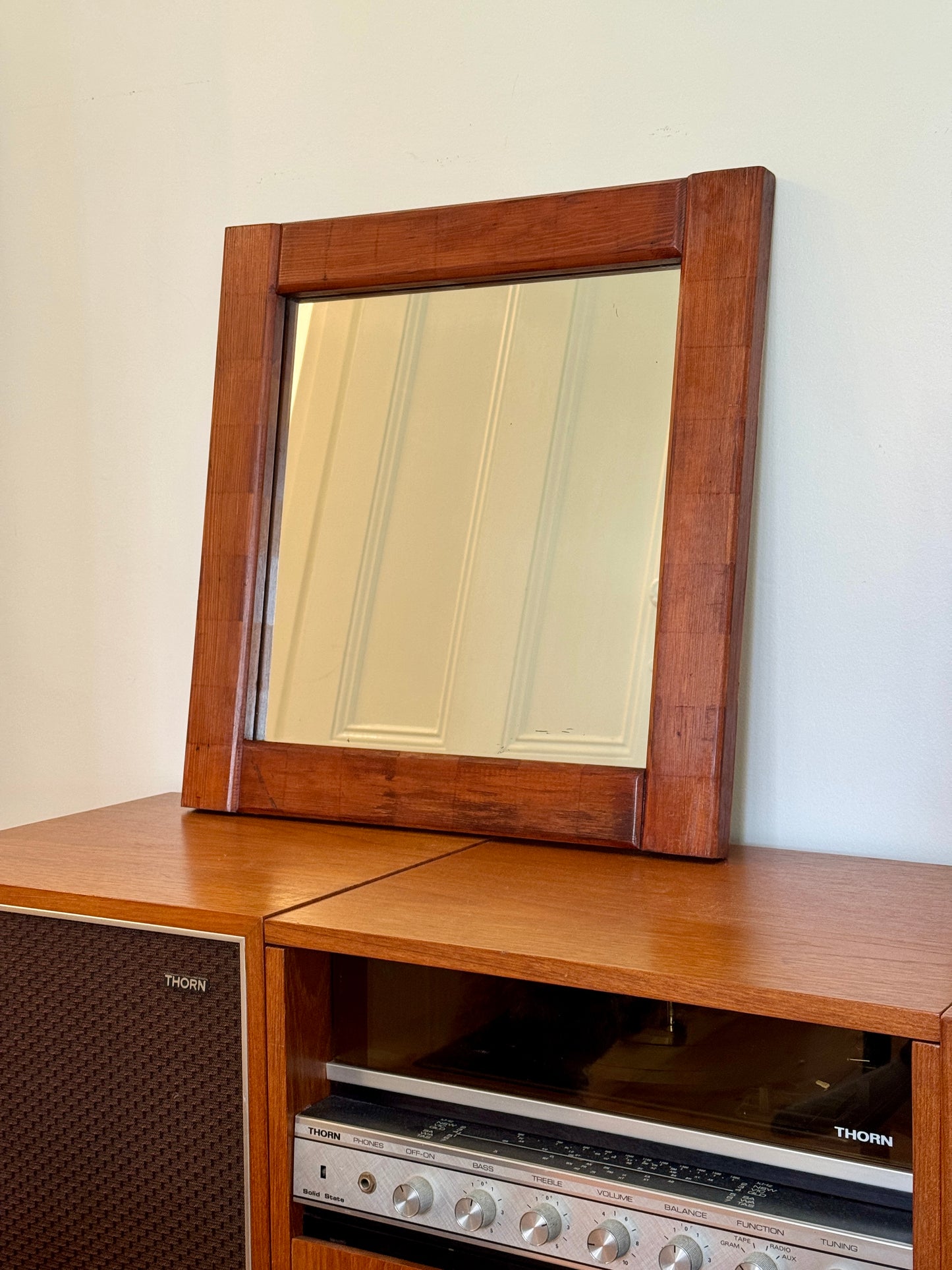 Chunky Vintage Wooden Mirror with Checked Stain Pattern — 1960s/70s
