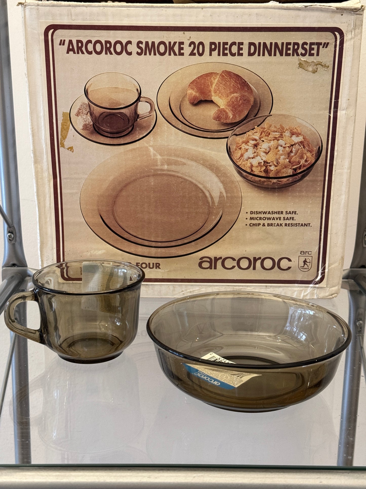 Vintage ARCOROC Smokey Brown 20-Piece Dinner Set – Unused in Original Box | Made in France