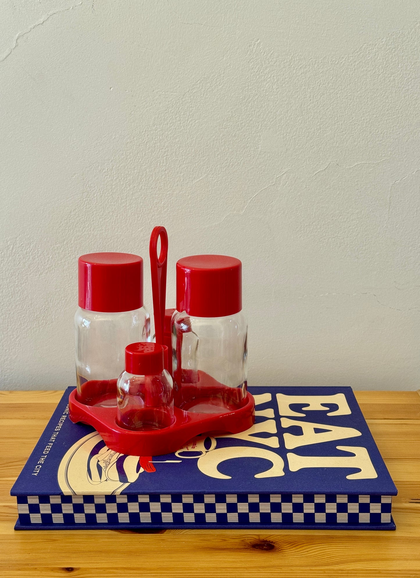 Vintage Red Plastic Condiment Set – Salt, Pepper & Oil Cruets