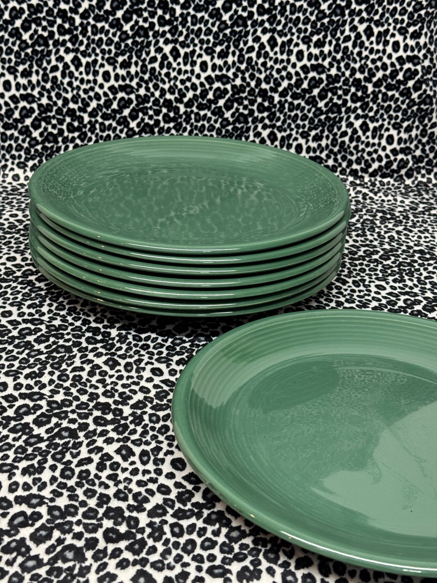 Vintage Japanese Stoneware Dinner Plates – Set of 8 – Green Glaze – Made in Japan