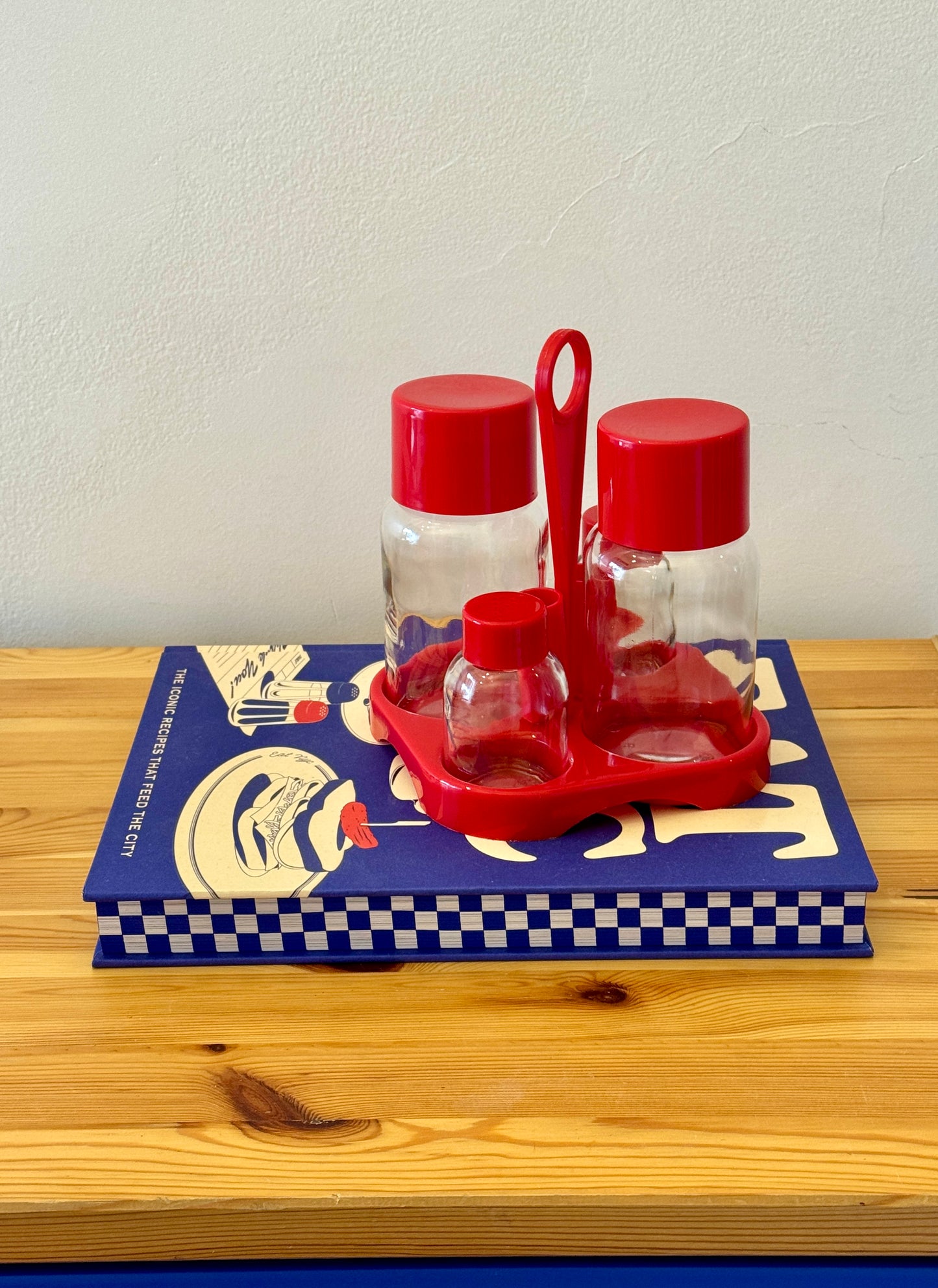 Vintage Red Plastic Condiment Set – Salt, Pepper & Oil Cruets