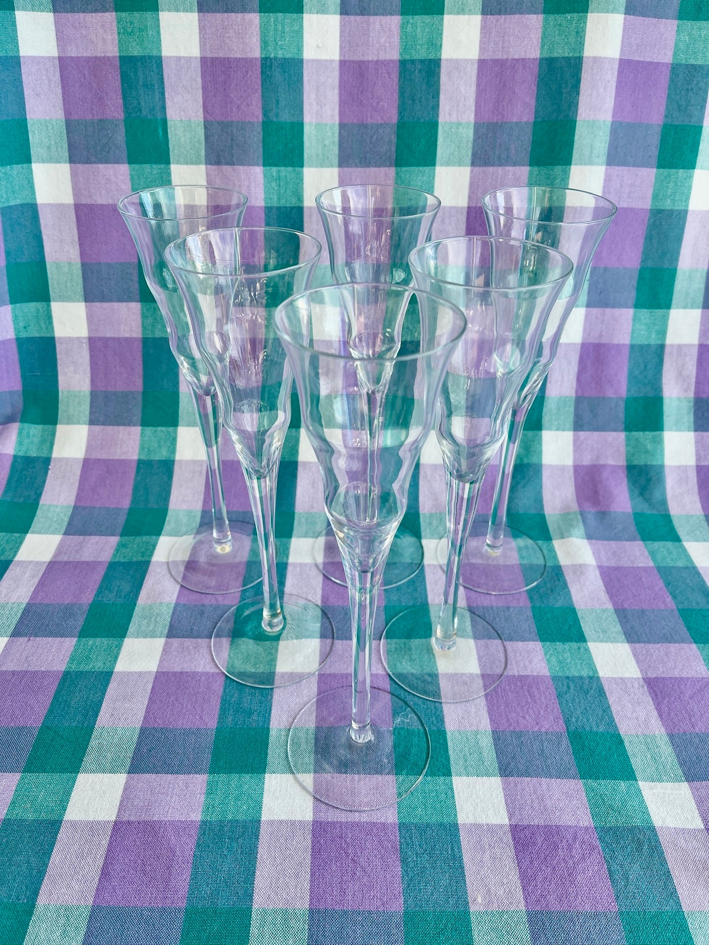 Set of 6 Vintage Wavy Champagne Flutes – Sculptural Clear Glass Toasting Glasses