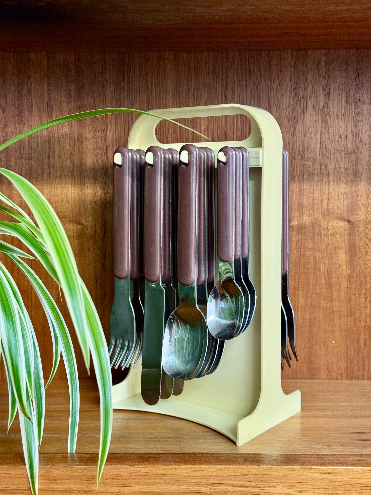Vintage 70s Brown Cutlery Set with Plastic Caddy