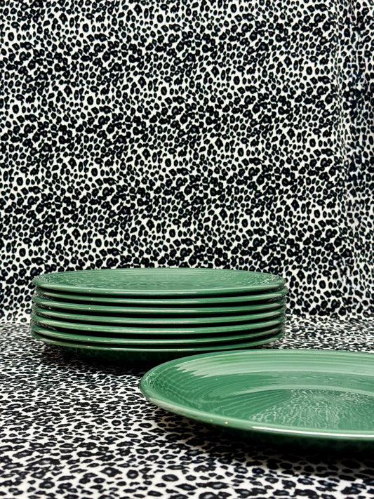 Vintage Japanese Stoneware Dinner Plates – Set of 8 – Green Glaze – Made in Japan