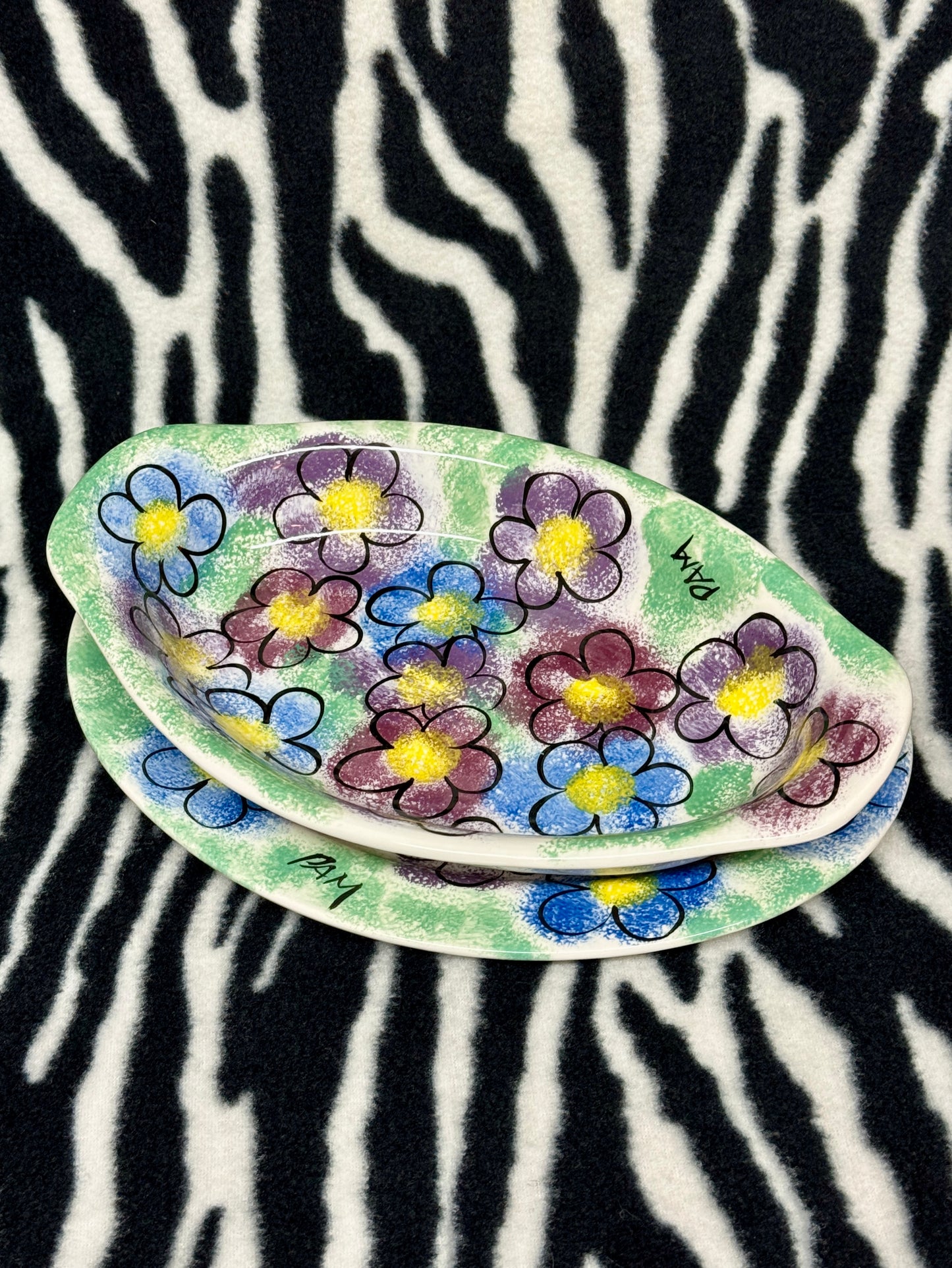 Vintage Hand-Painted Ceramic Plates Signed “PAM” Bold Floral Design Set of 2