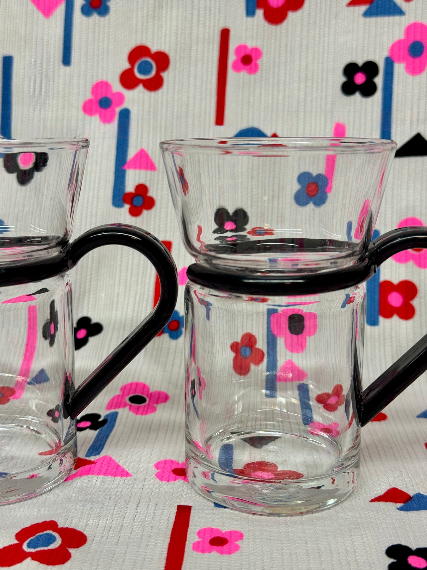 Ocean Glass Stacking Mugs Set of 2 Modernist Black Handle Design