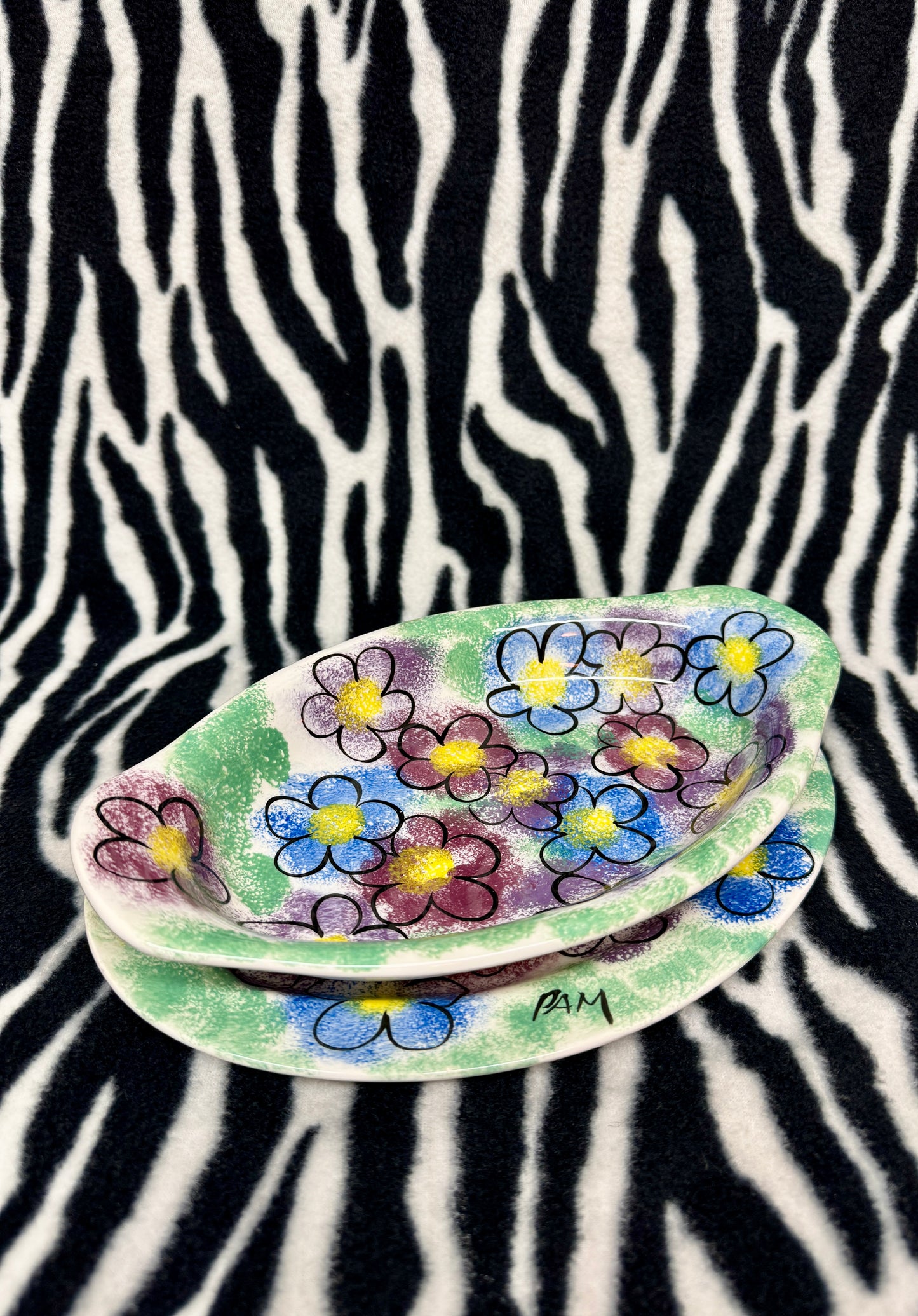 Vintage Hand-Painted Ceramic Plates Signed “PAM” Bold Floral Design Set of 2