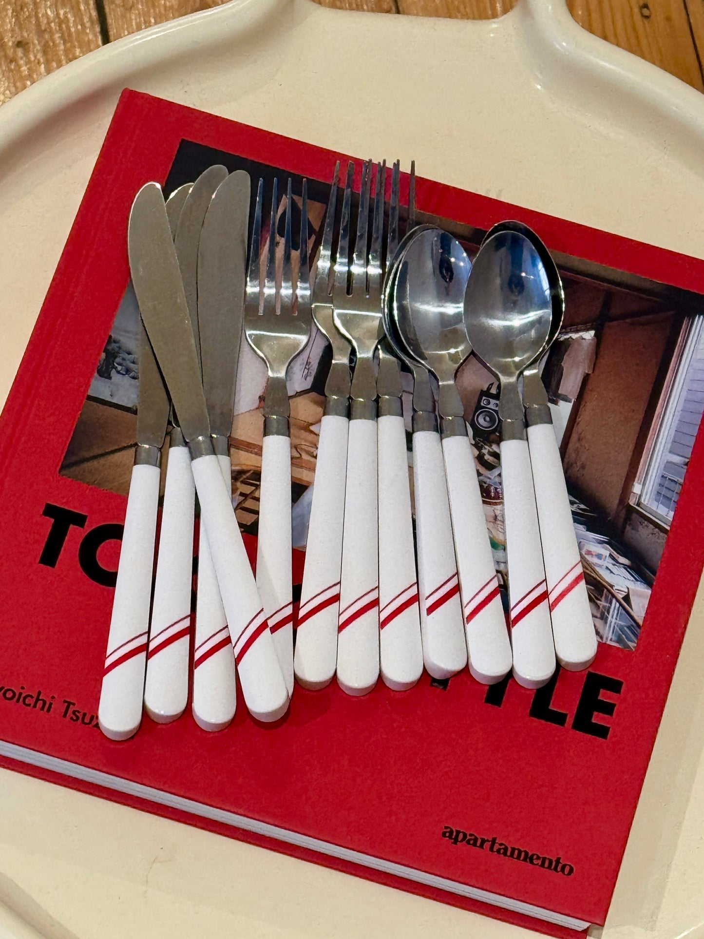 Vintage 12-Piece Stainless Steel Cutlery Set – Red Stripe Handles