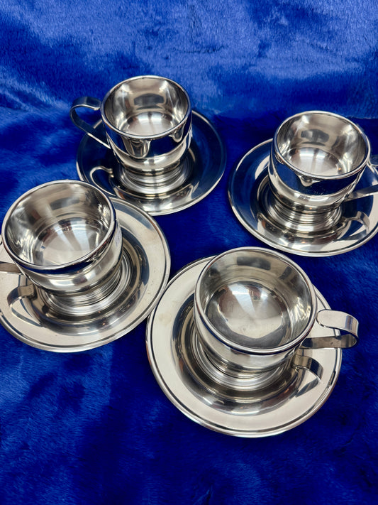 Vintage Stainless Steel Cup & Saucer Set – Set of 4 – Minimalist Modernist Style – 1960s–80s Retro Kitchenware